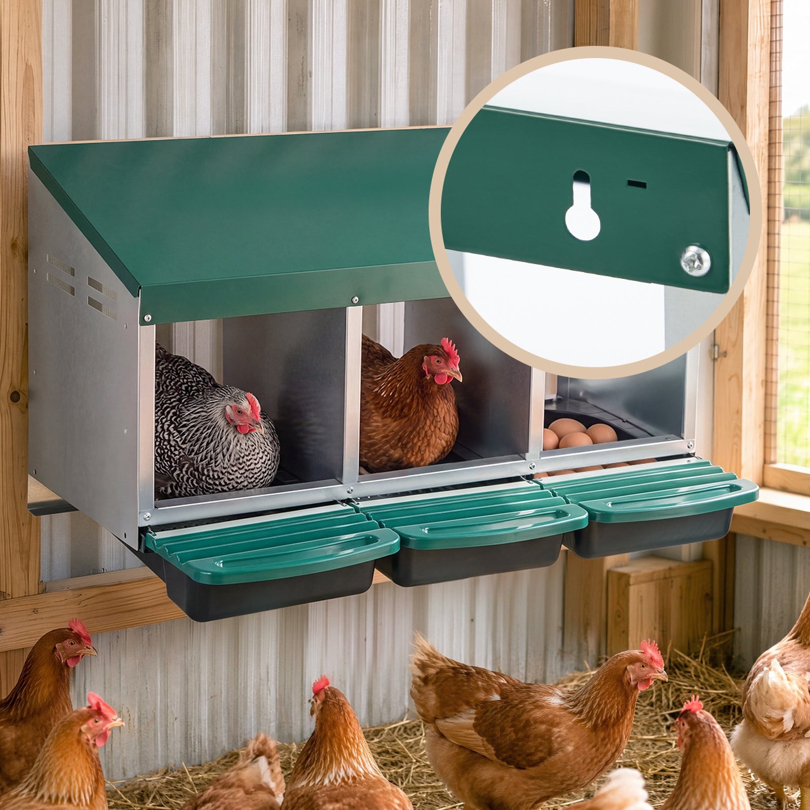 Alopet 3 Holes Chicken Nesting Box Roll Away Hen Chook Laying Boxes with Stand