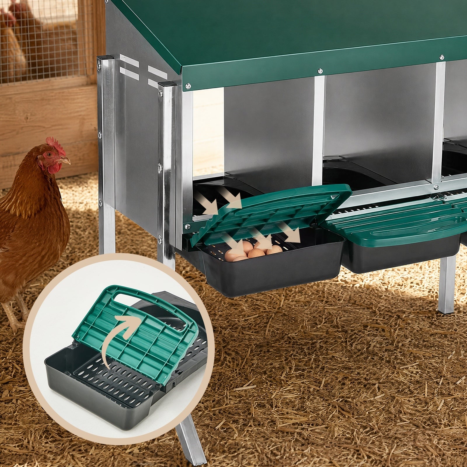 Alopet 3 Holes Chicken Nesting Box Roll Away Hen Chook Laying Boxes with Stand