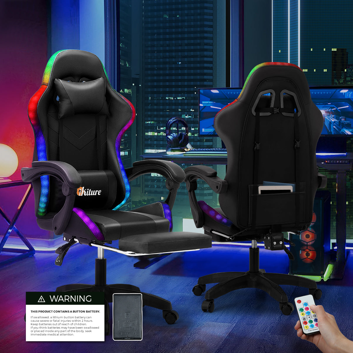 Oikiture Gaming Chair 7 RGB LED 8 Points Massage Racing Recliner Office Computer - Sunyee