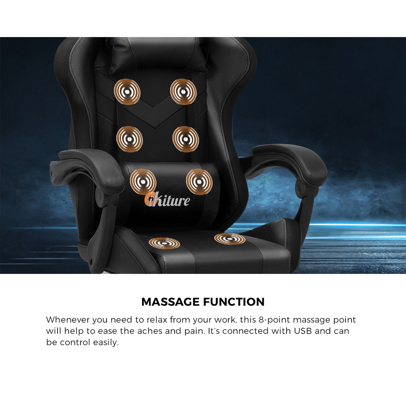 Oikiture Gaming Chair 7 RGB LED 8 Points Massage Racing Recliner Office Computer - Sunyee