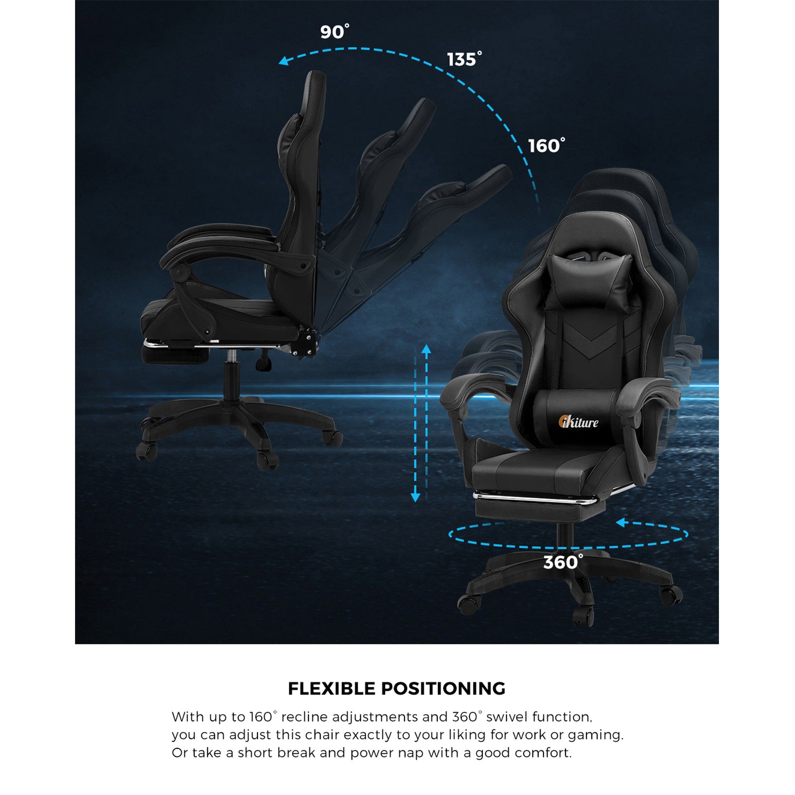 Oikiture Gaming Chair 7 RGB LED 8 Points Massage Racing Recliner Office Computer - Sunyee