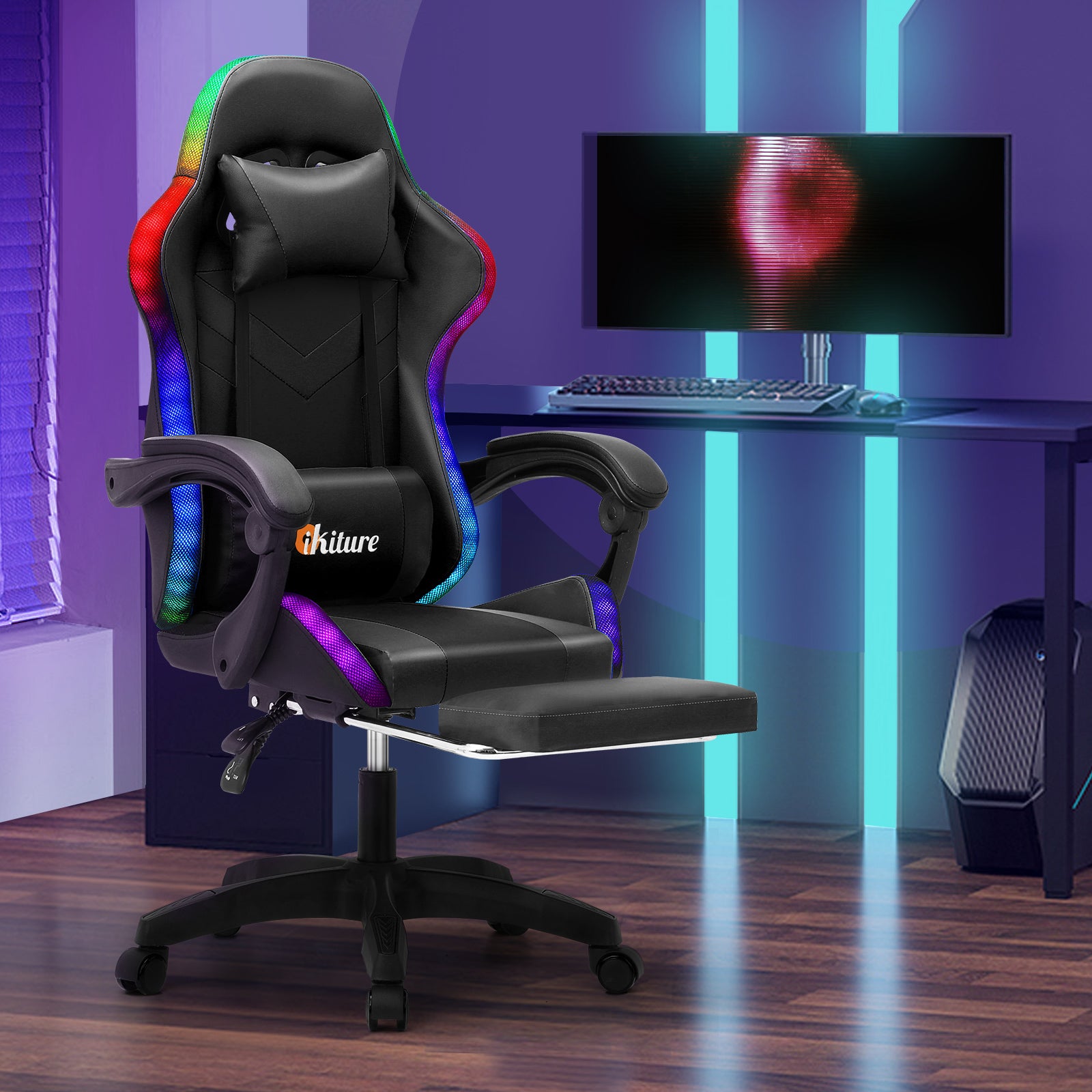 Oikiture Gaming Chair 7 RGB LED 8 Points Massage Racing Recliner Office Computer - Sunyee