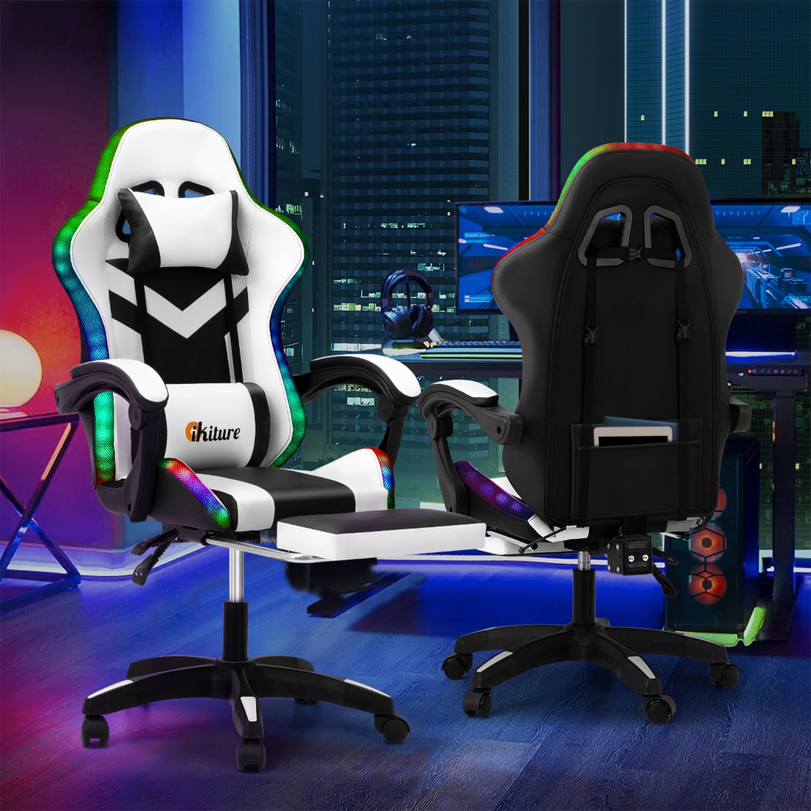 Oikiture Gaming Chair 7 RGB LED 8 Points Massage Racing Recliner Office White - Sunyee