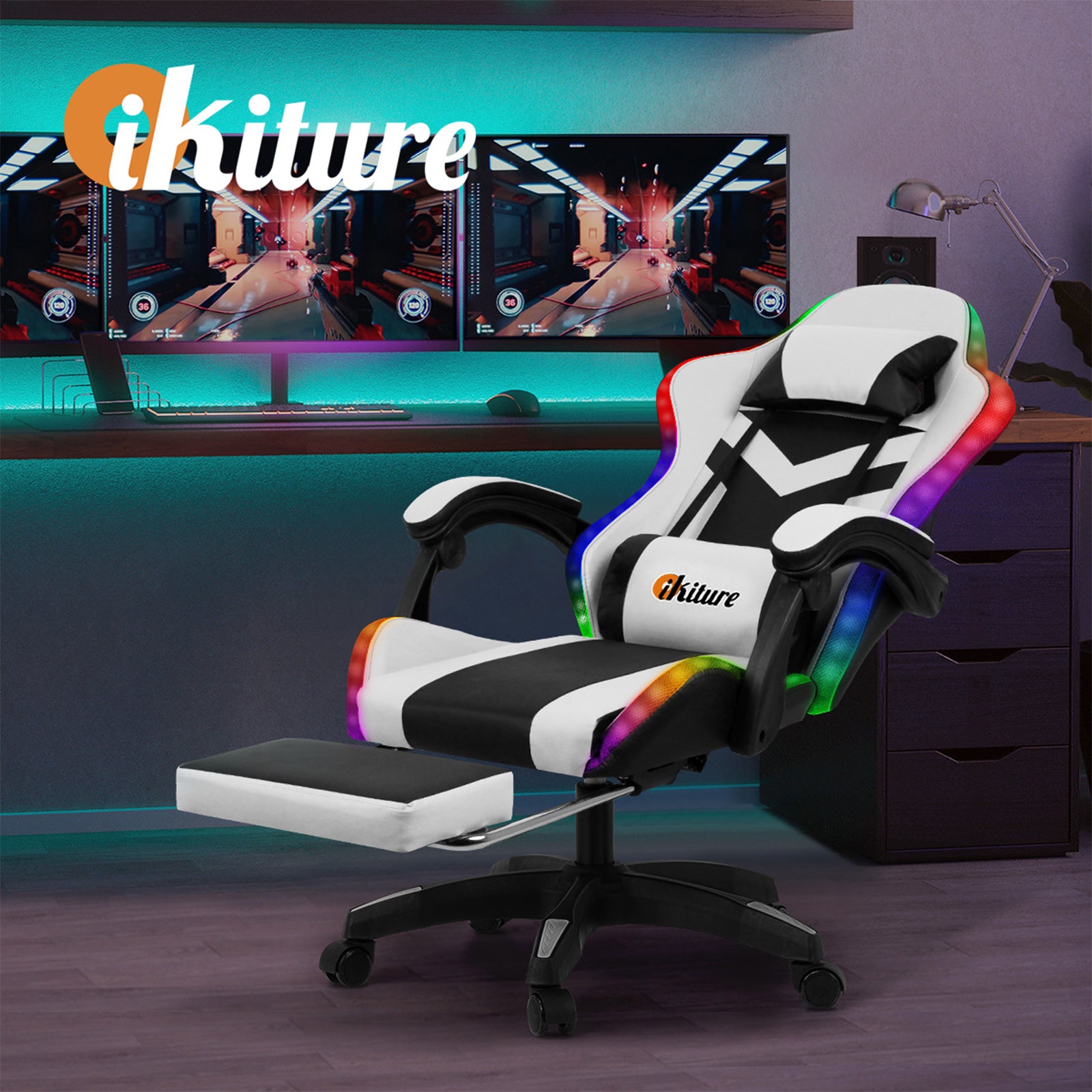 Oikiture Gaming Chair 7 RGB LED 8 Points Massage Racing Recliner Office White - Sunyee
