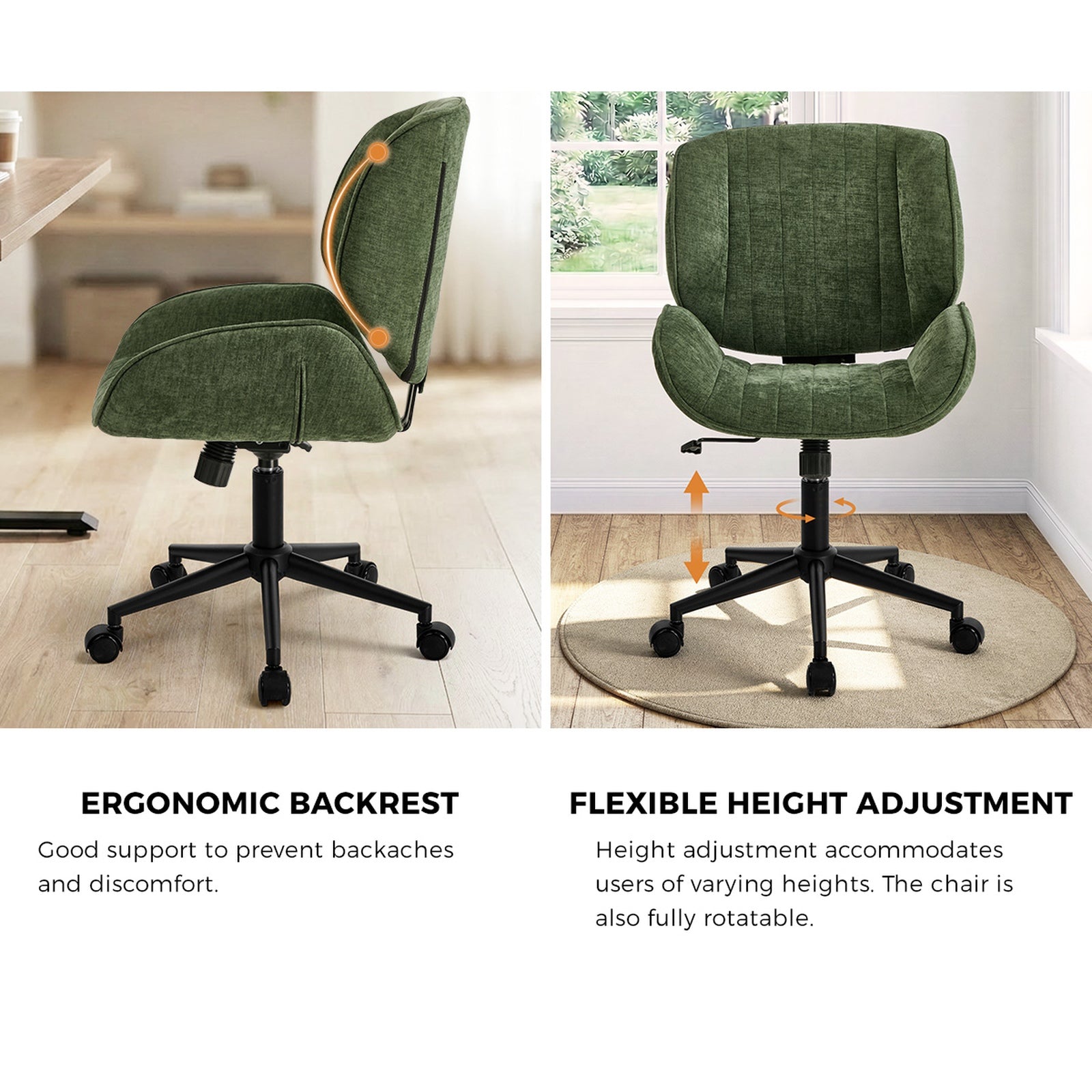 Oikiture Armless Office Chair Mid Back Swivel Gaming Desk Chair w/ Wheels Green