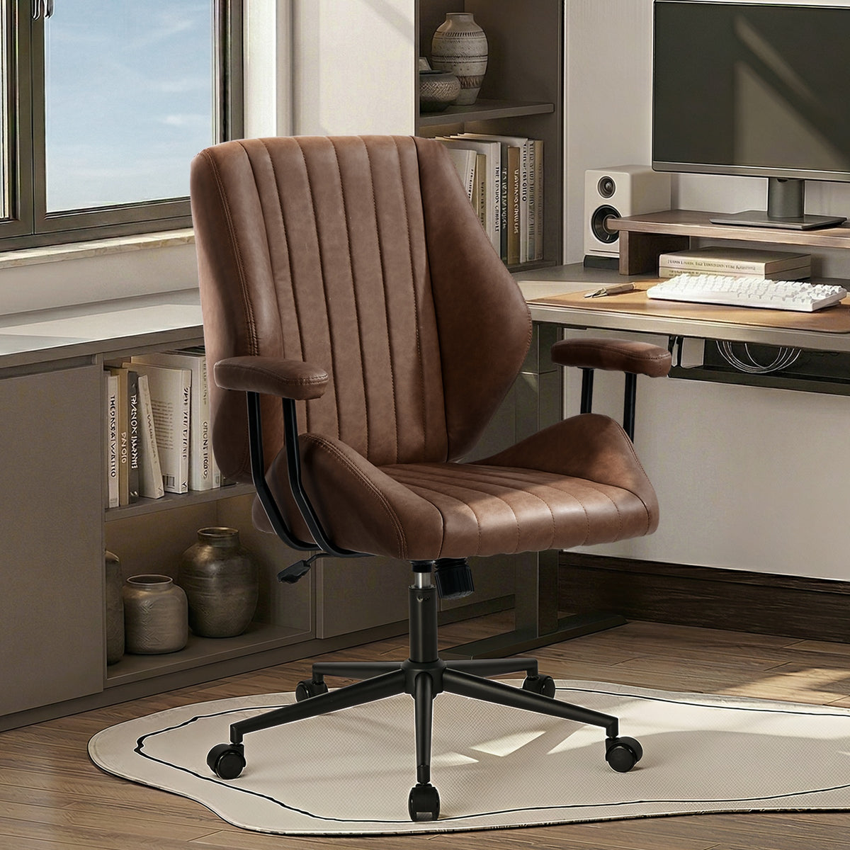 Oikiture Office Chair Mid Back Swivel Gaming Desk Chair with Padded Arms Dark Brown - Sunyee
