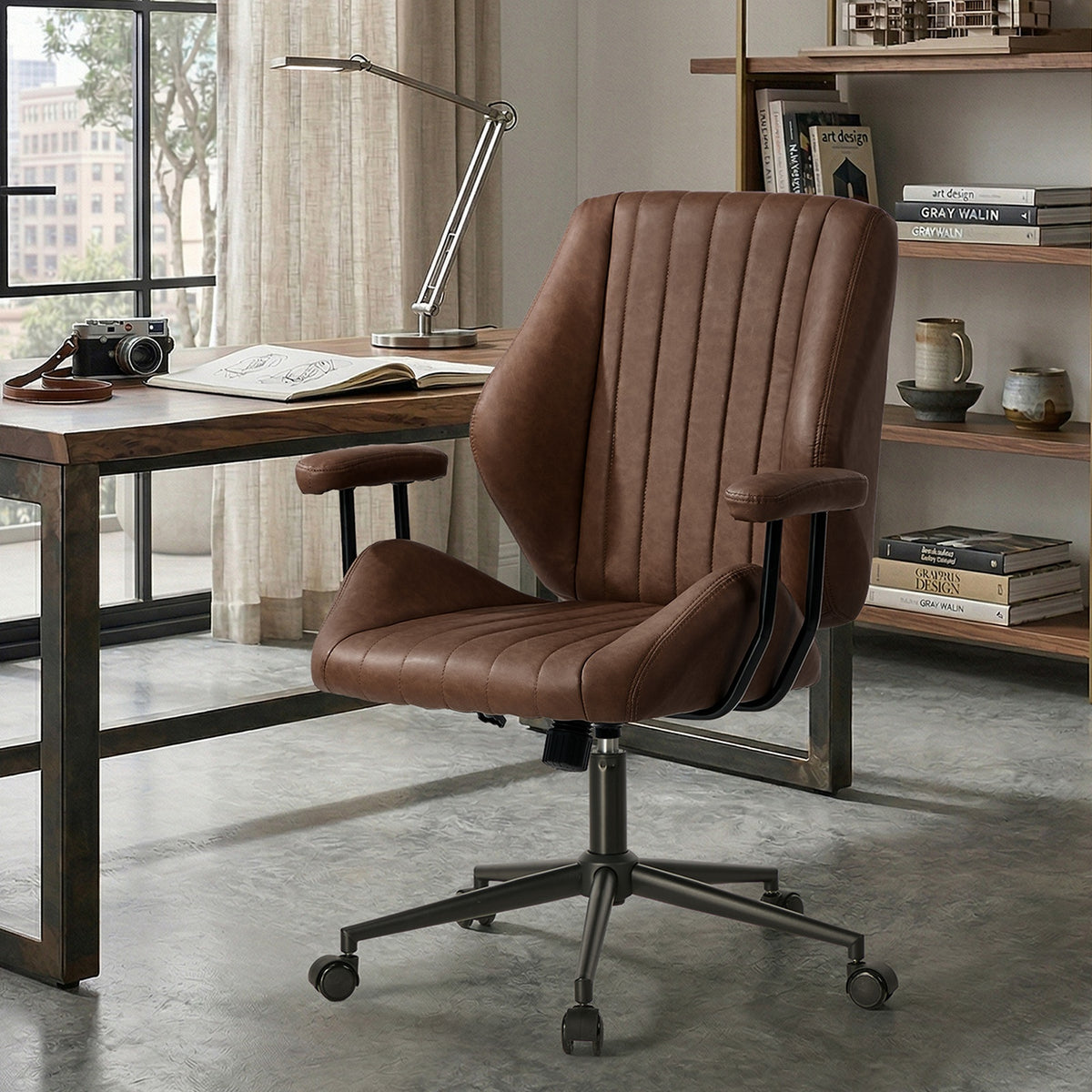Oikiture Office Chair Mid Back Swivel Gaming Desk Chair with Padded Arms Dark Brown - Sunyee