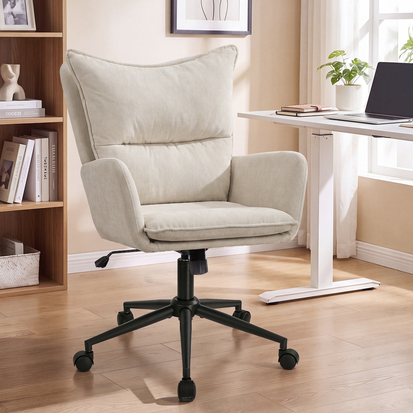 Oikiture Mid Back Office Chair Swivel Desk Chair Wide Seat Armrest Beige