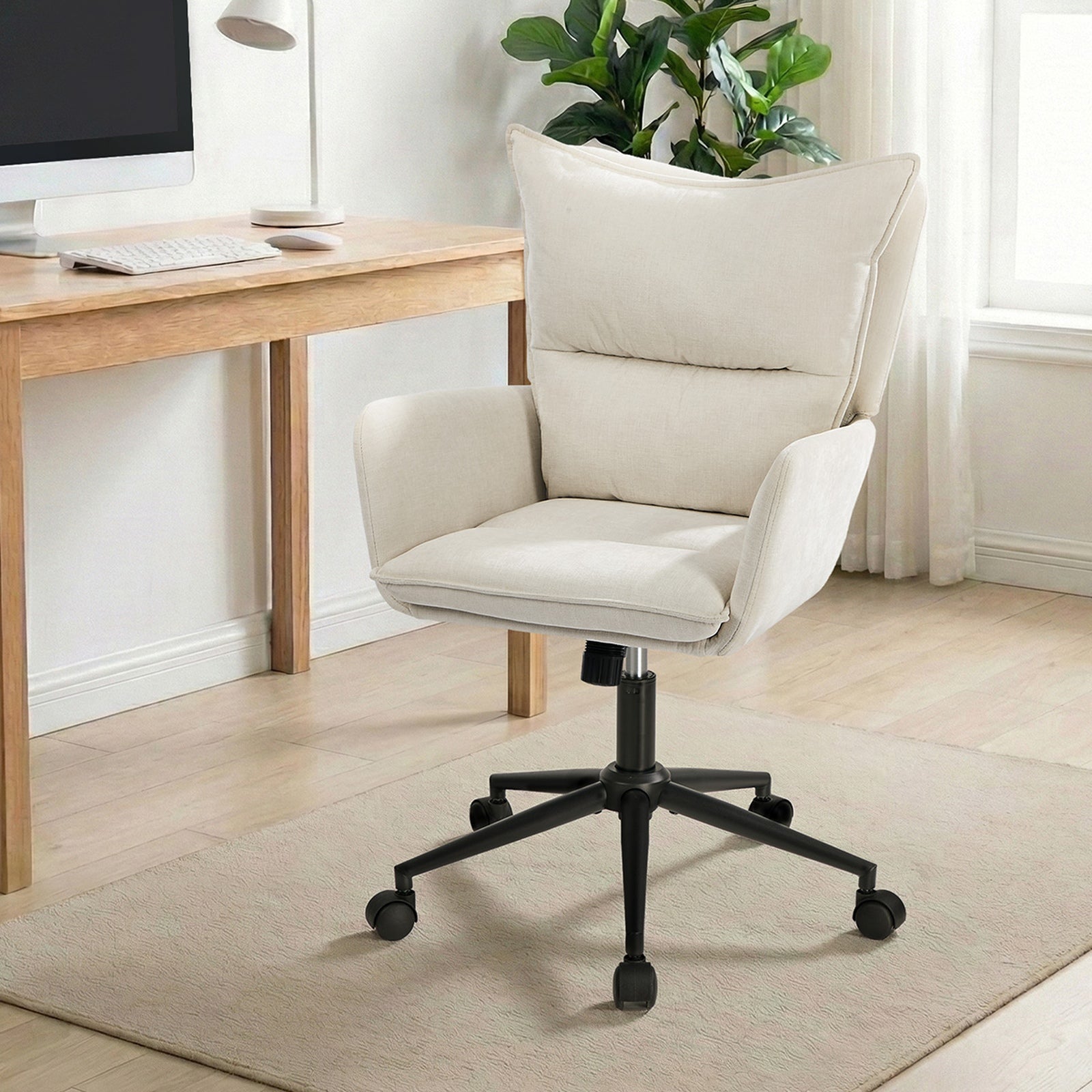 Oikiture Mid Back Office Chair Swivel Desk Chair Wide Seat Armrest Beige