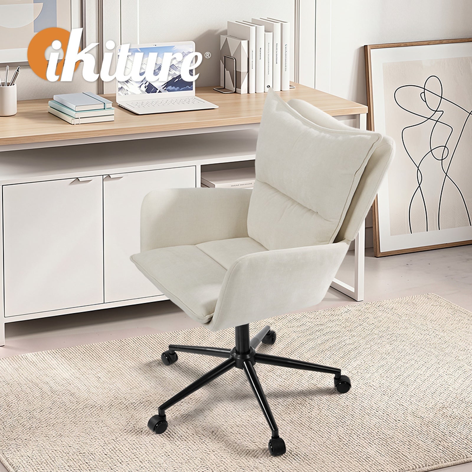 Oikiture Mid Back Office Chair Swivel Desk Chair Wide Seat Armrest Beige