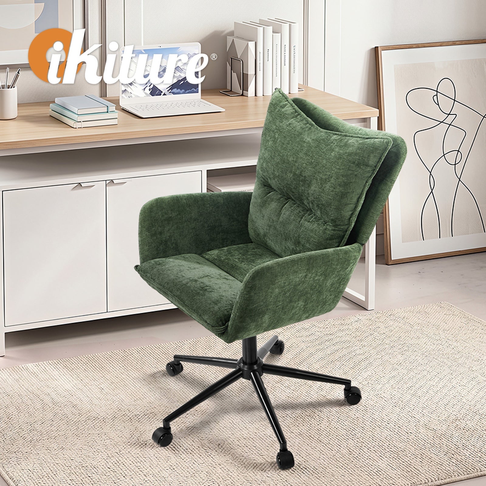 Oikiture Mid Back Office Chair Swivel Desk Chair Wide Seat Armrest Green