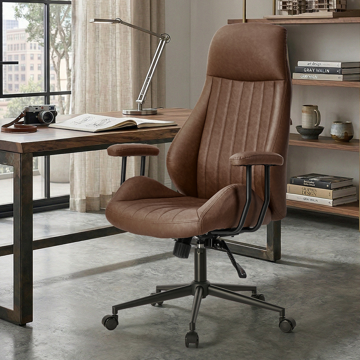 Oikiture Office Chair High Back Swivel Rolling Gaming Computer Chairs Dark Brown - Sunyee