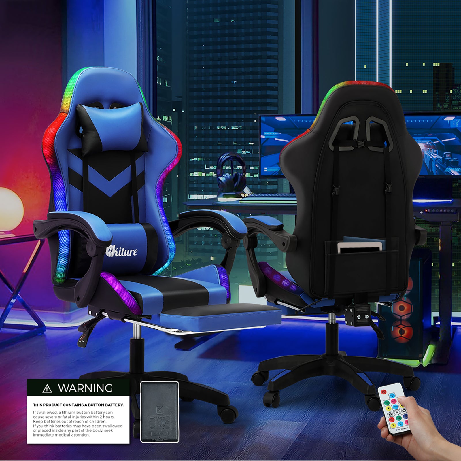 Oikiture Gaming Chair 7 RGB LED 8 Points Massage Racing Recliner Office Computer
