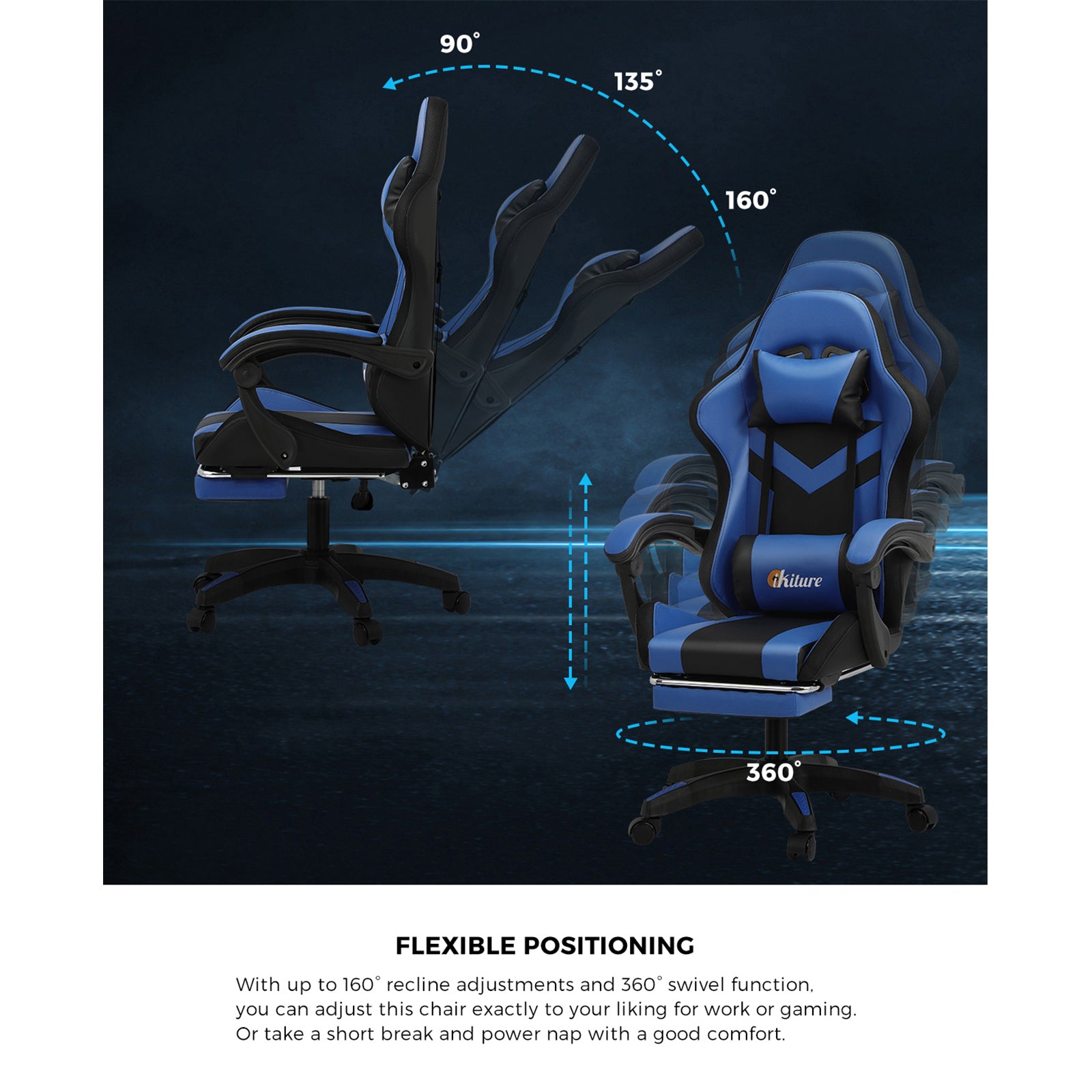 Oikiture Gaming Chair 7 RGB LED 8 Points Massage Racing Recliner Office Computer