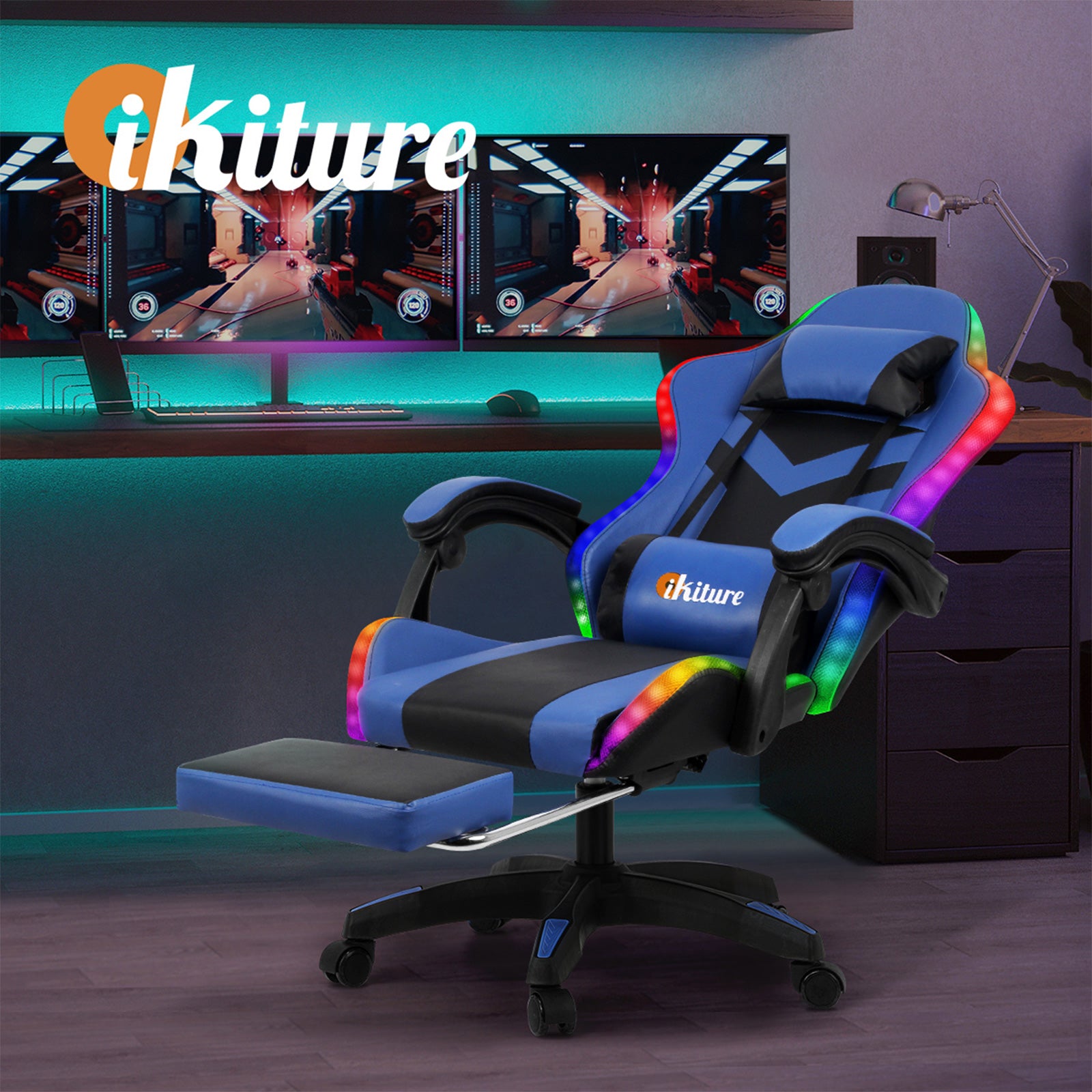 Oikiture Gaming Chair 7 RGB LED 8 Points Massage Racing Recliner Office Computer