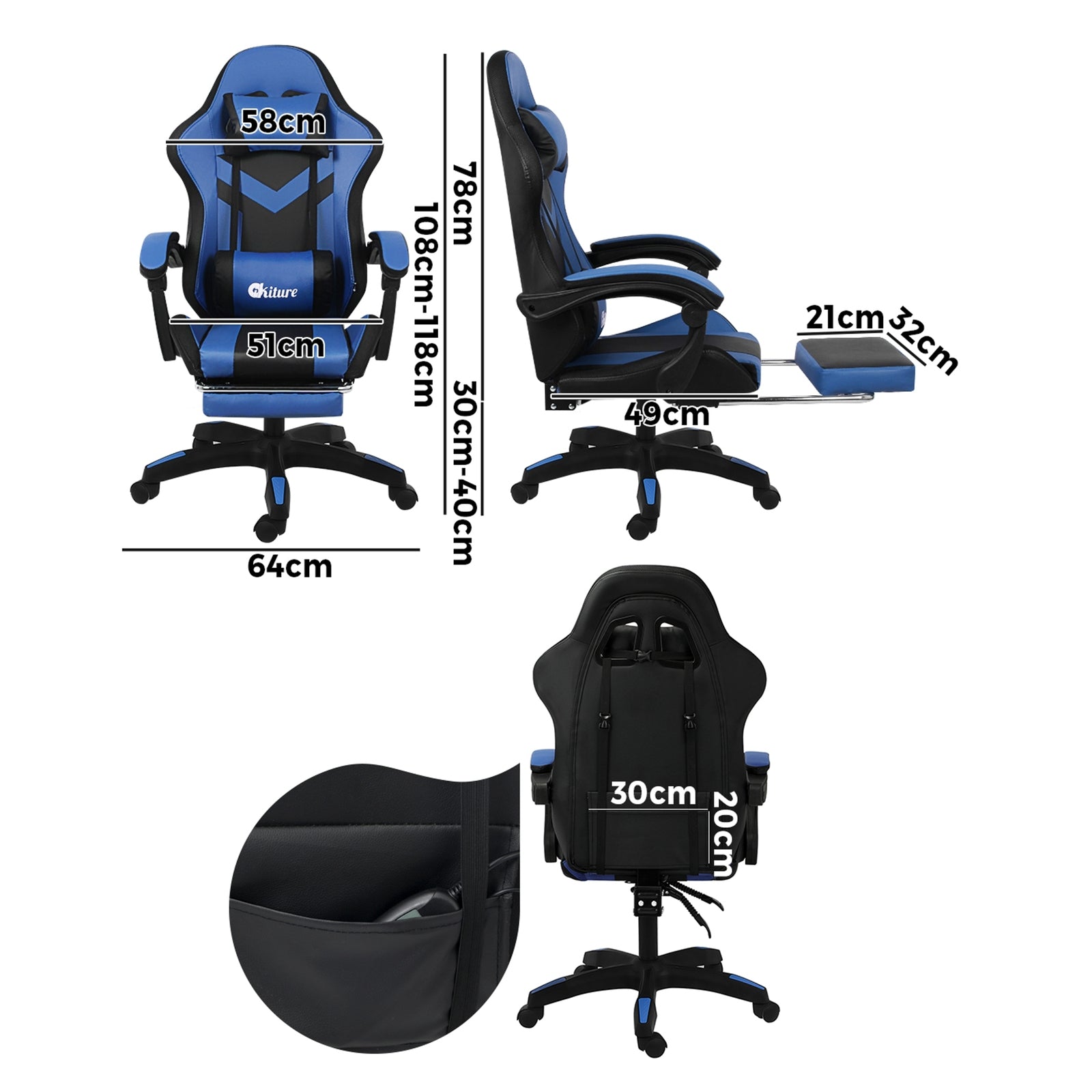 Oikiture Gaming Chair 7 RGB LED 8 Points Massage Racing Recliner Office Computer