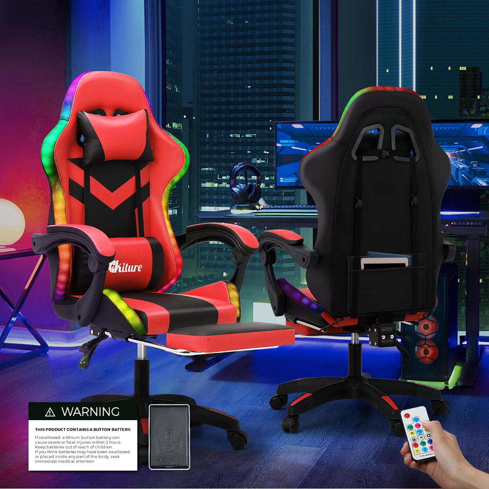 Oikiture Gaming Chair 7 RGB LED 8 Points Massage Racing Recliner Office Computer