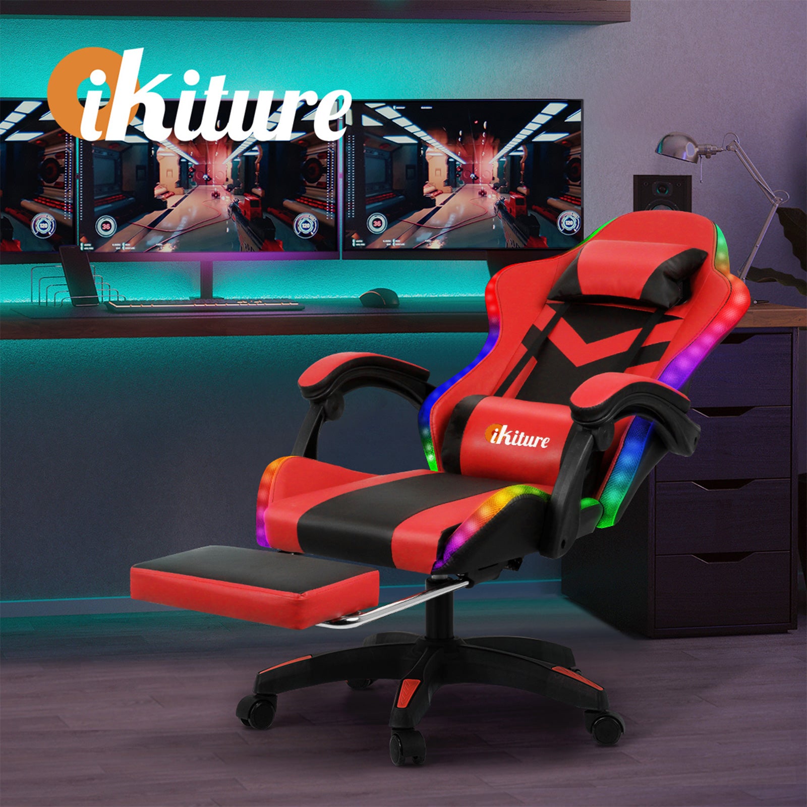 Oikiture Gaming Chair 7 RGB LED 8 Points Massage Racing Recliner Office Computer