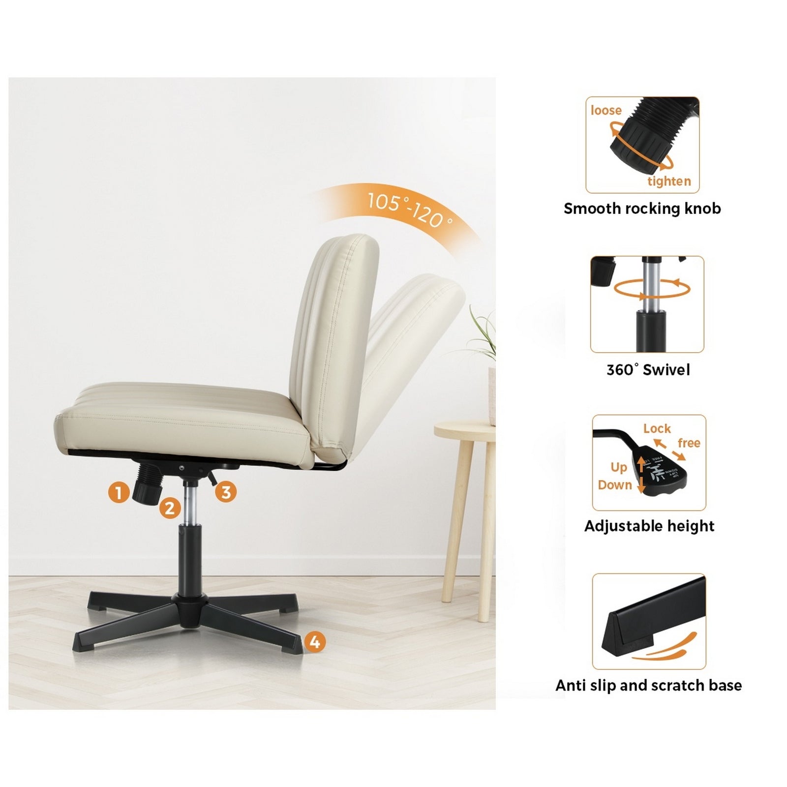 Oikiture Mid Back Armless Office Desk Chair Wide Seat PU Leather Beige
