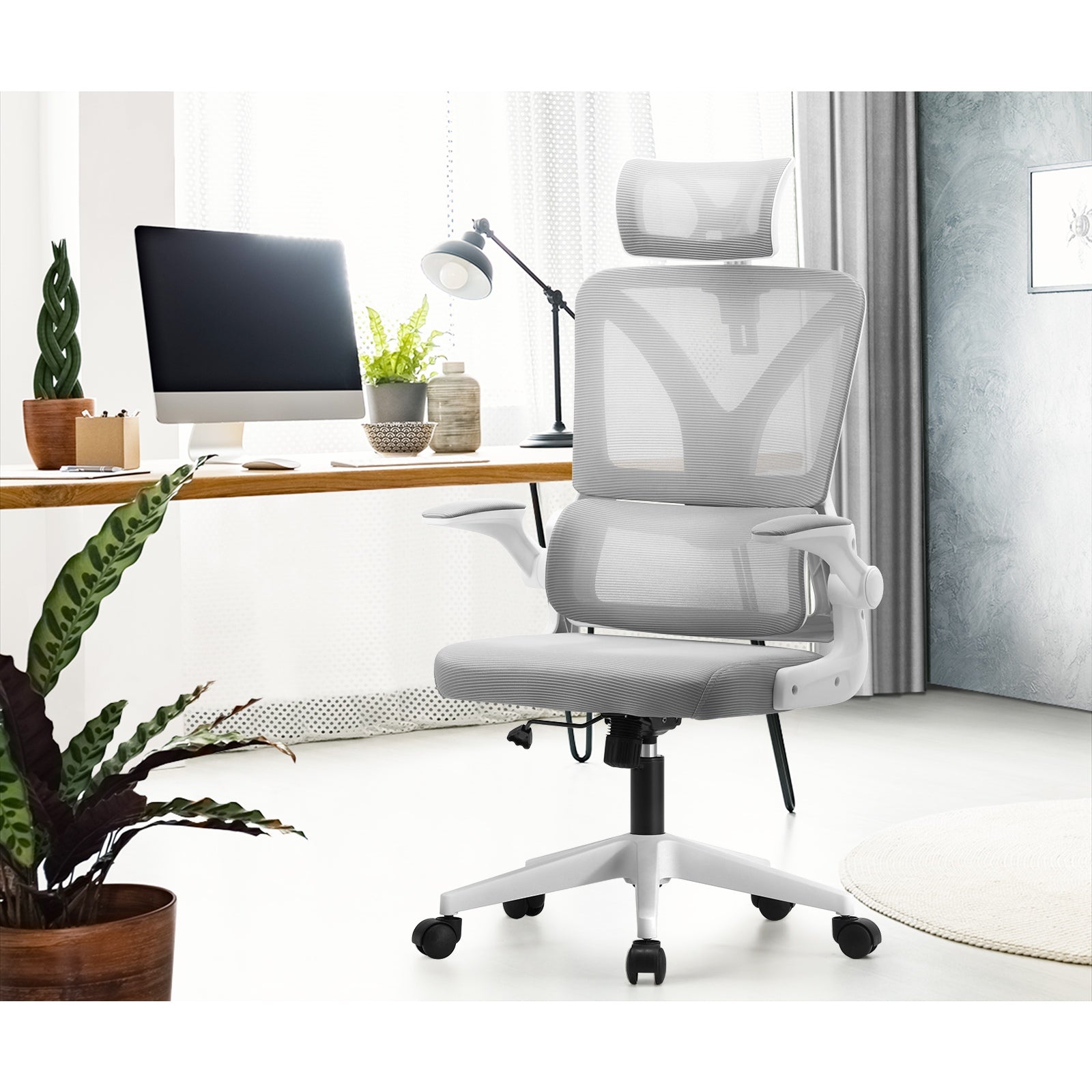 Oikiture Mesh Office Chair Adjustable Lumbar Support Reclining D-Shape White - Sunyee