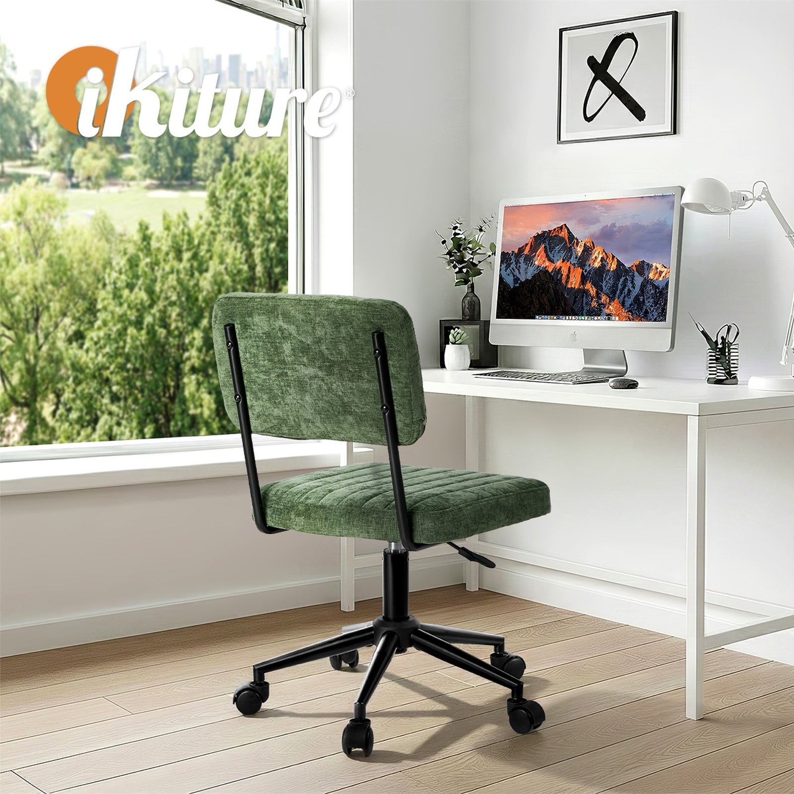 Oikiture Mid Back Armless Office Chair Swivel Computer Seat Polyester Green