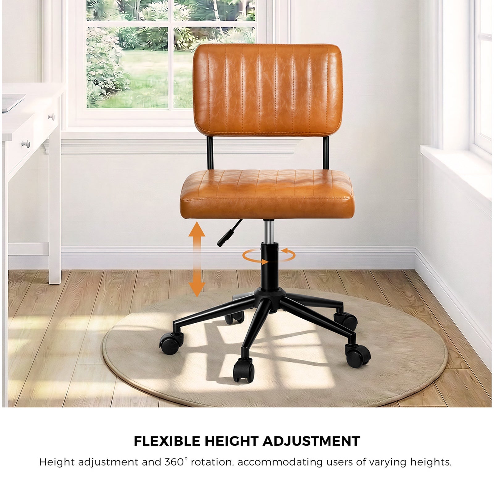 Oikiture Mid Back Armless Office Chair Swivel Computer Gaming Seat Leather Brown