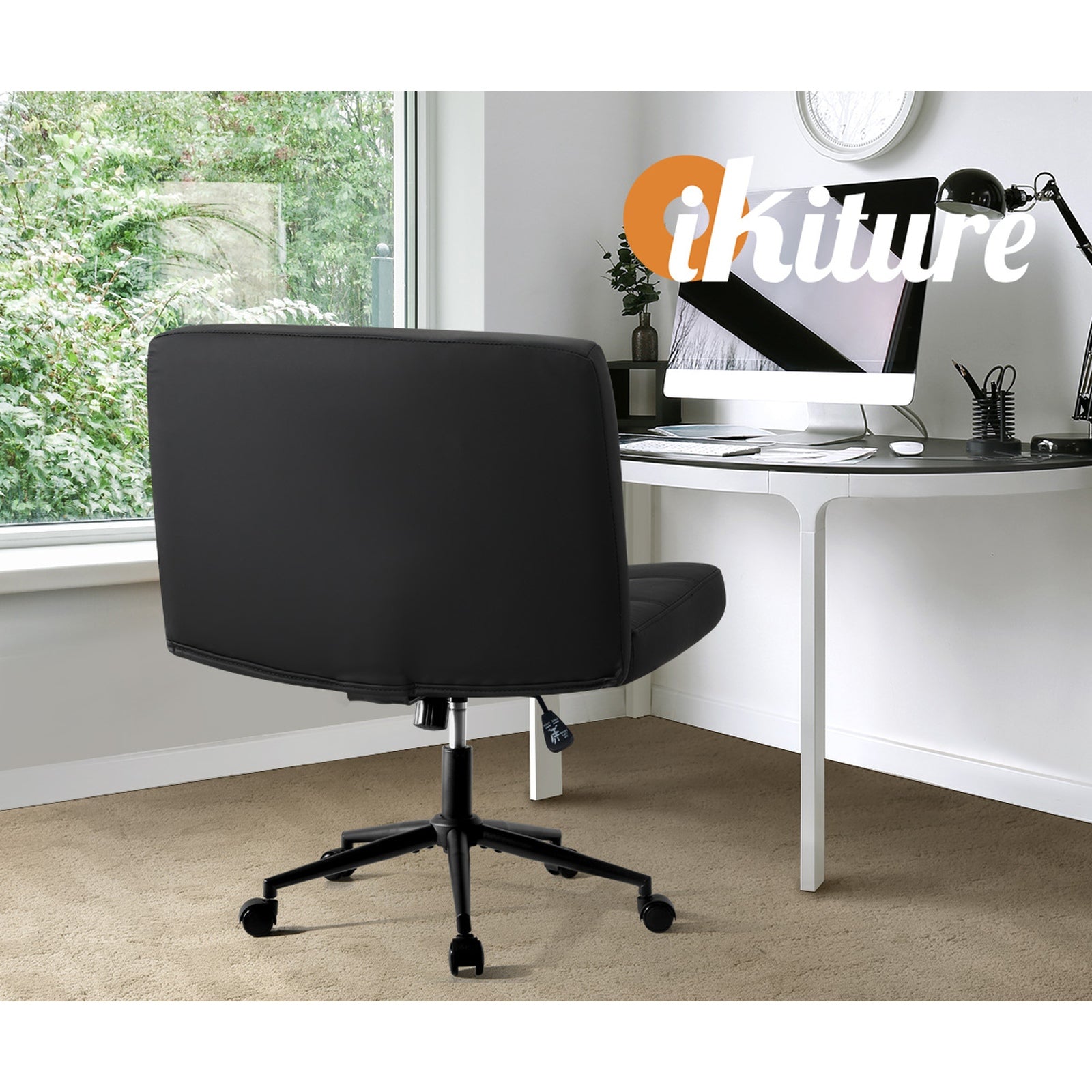 Oikiture Mid Back Armless Office Desk Chair Wide Seat PU Leather Black w/Wheels - Sunyee