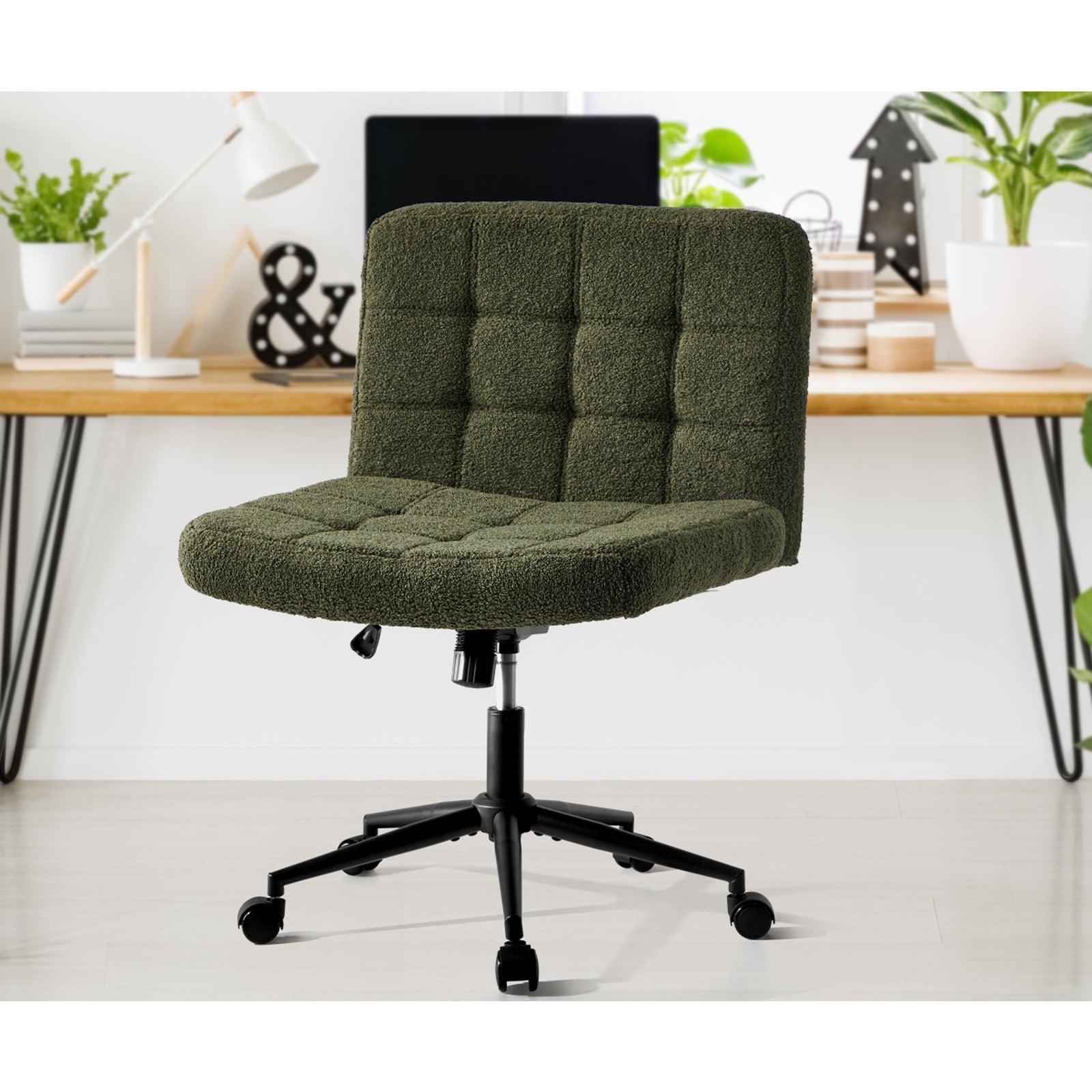 Oikiture Mid Back Armless Office Desk Chair Wide Seat Boucle Green with Wheels - Sunyee