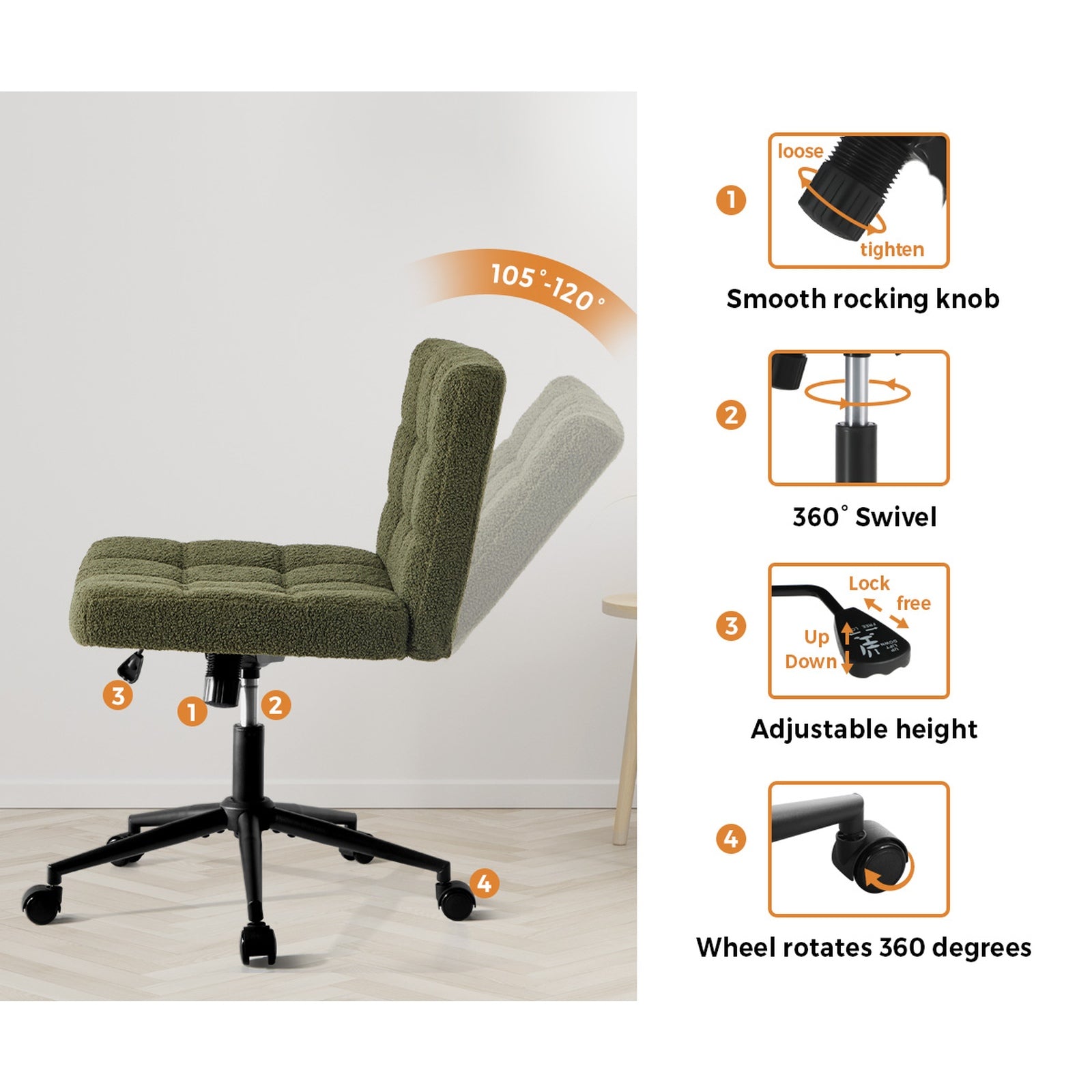 Oikiture Mid Back Armless Office Desk Chair Wide Seat Boucle Green with Wheels - Sunyee