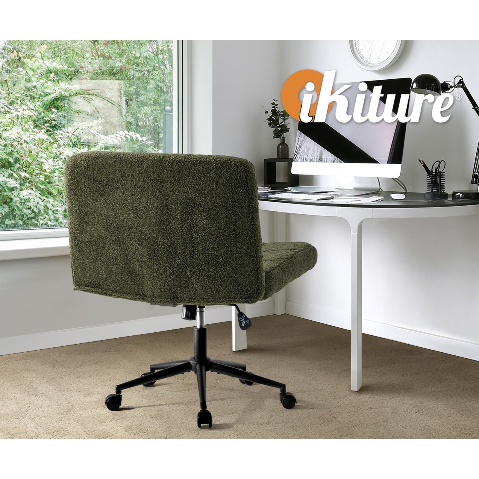 Oikiture Mid Back Armless Office Desk Chair Wide Seat Boucle Green with Wheels - Sunyee