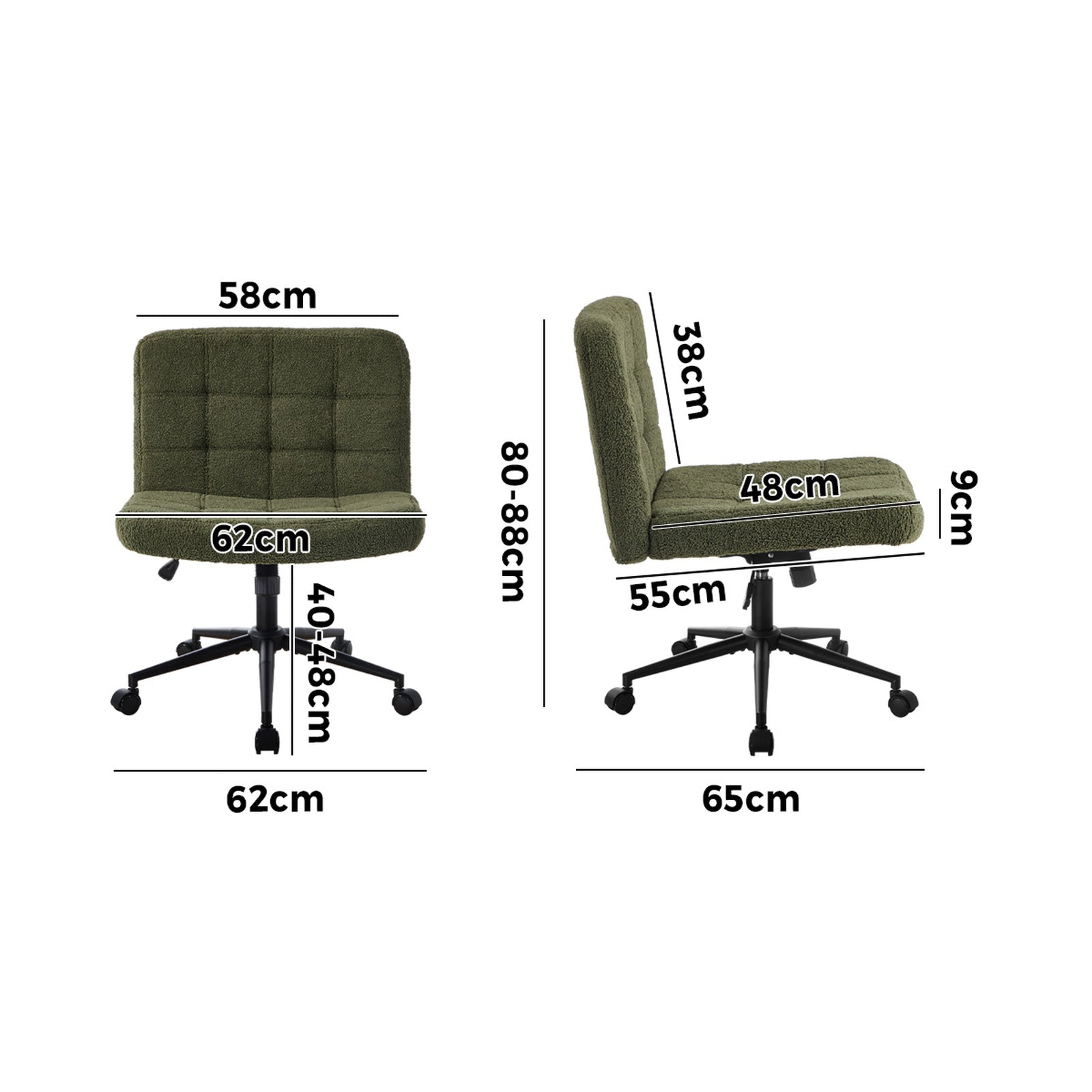 Oikiture Mid Back Armless Office Desk Chair Wide Seat Boucle Green with Wheels - Sunyee