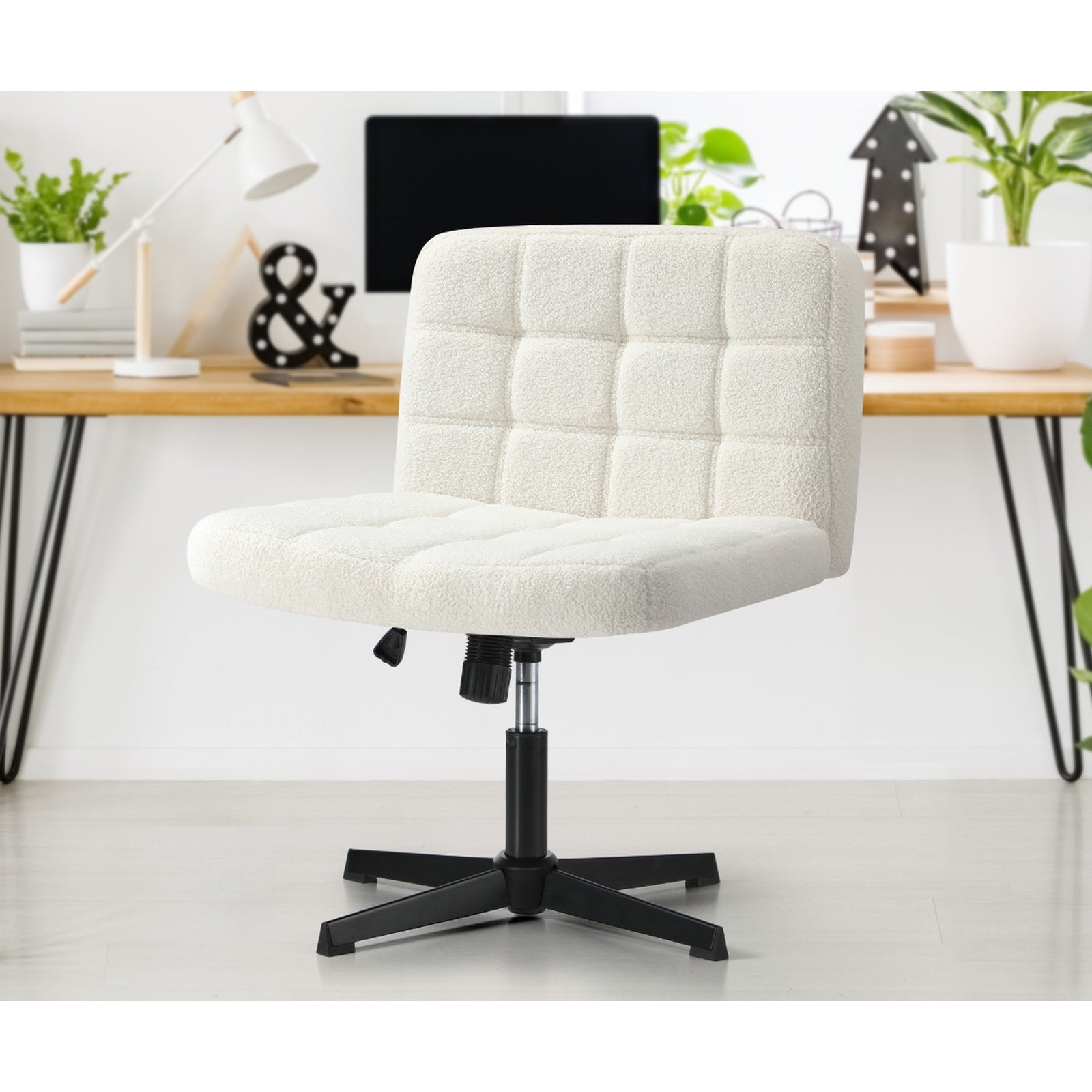 Oikiture Mid Back Armless Office Desk Chair Wide Seat Boucle White No Wheels - Sunyee
