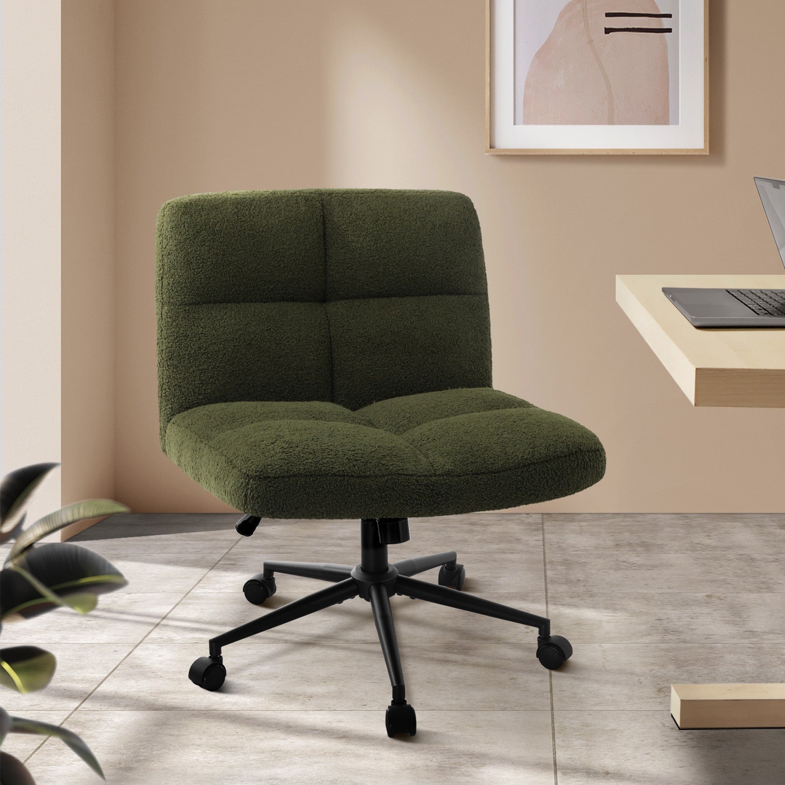 Oikiture Mid Back Armless Office Desk Chair Wide Seat with Wheels Boucle Green - Sunyee