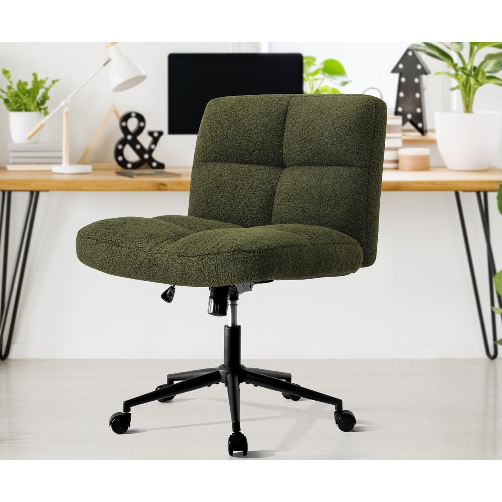 Oikiture Mid Back Armless Office Desk Chair Wide Seat with Wheels Boucle Green - Sunyee