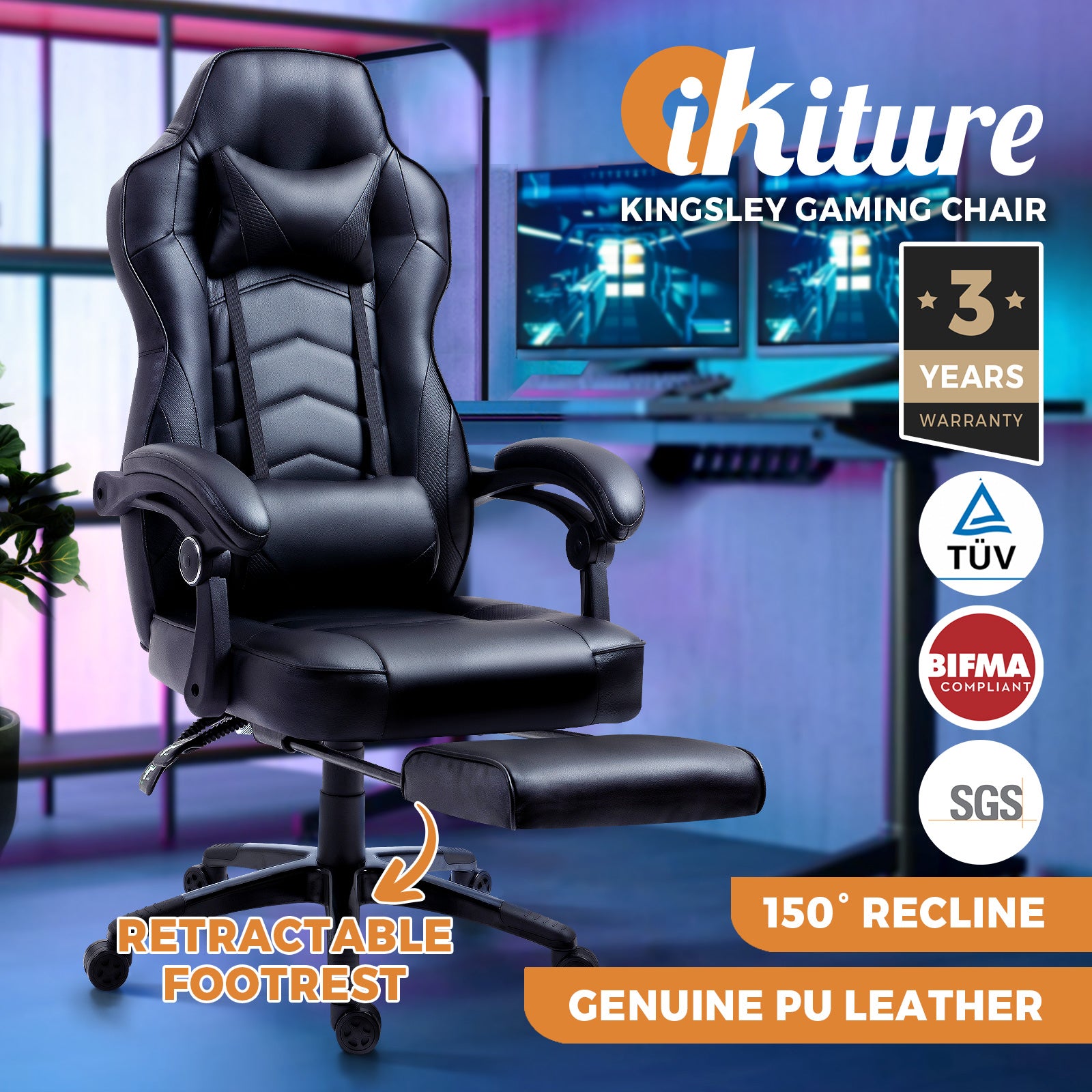 Oikiture Gaming Chair Office Chairs Executive Footrest Computer Seat PU Leather - Sunyee