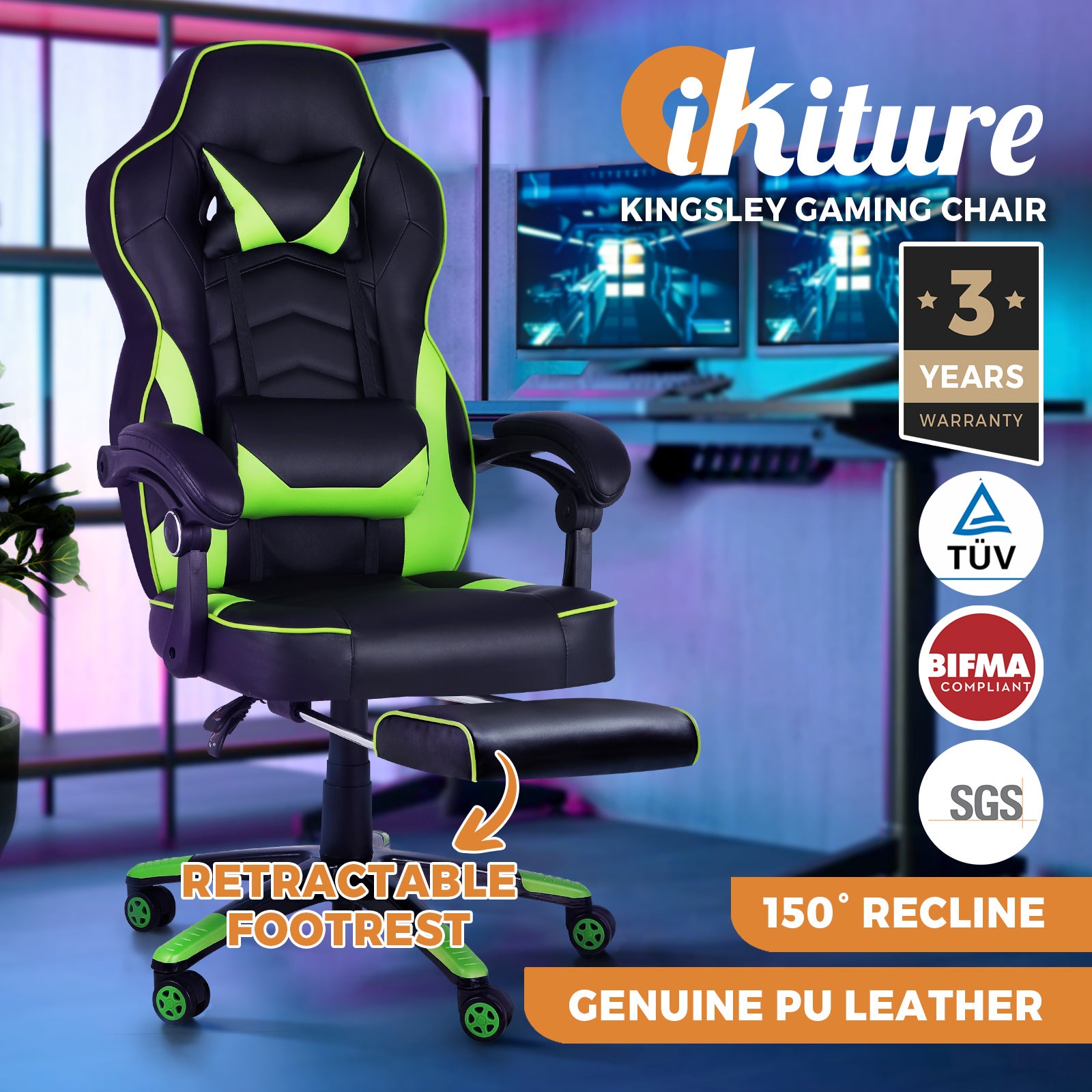 Oikiture Gaming Chair Office Chairs Executive Footrest Computer Seat PU Leather - Sunyee