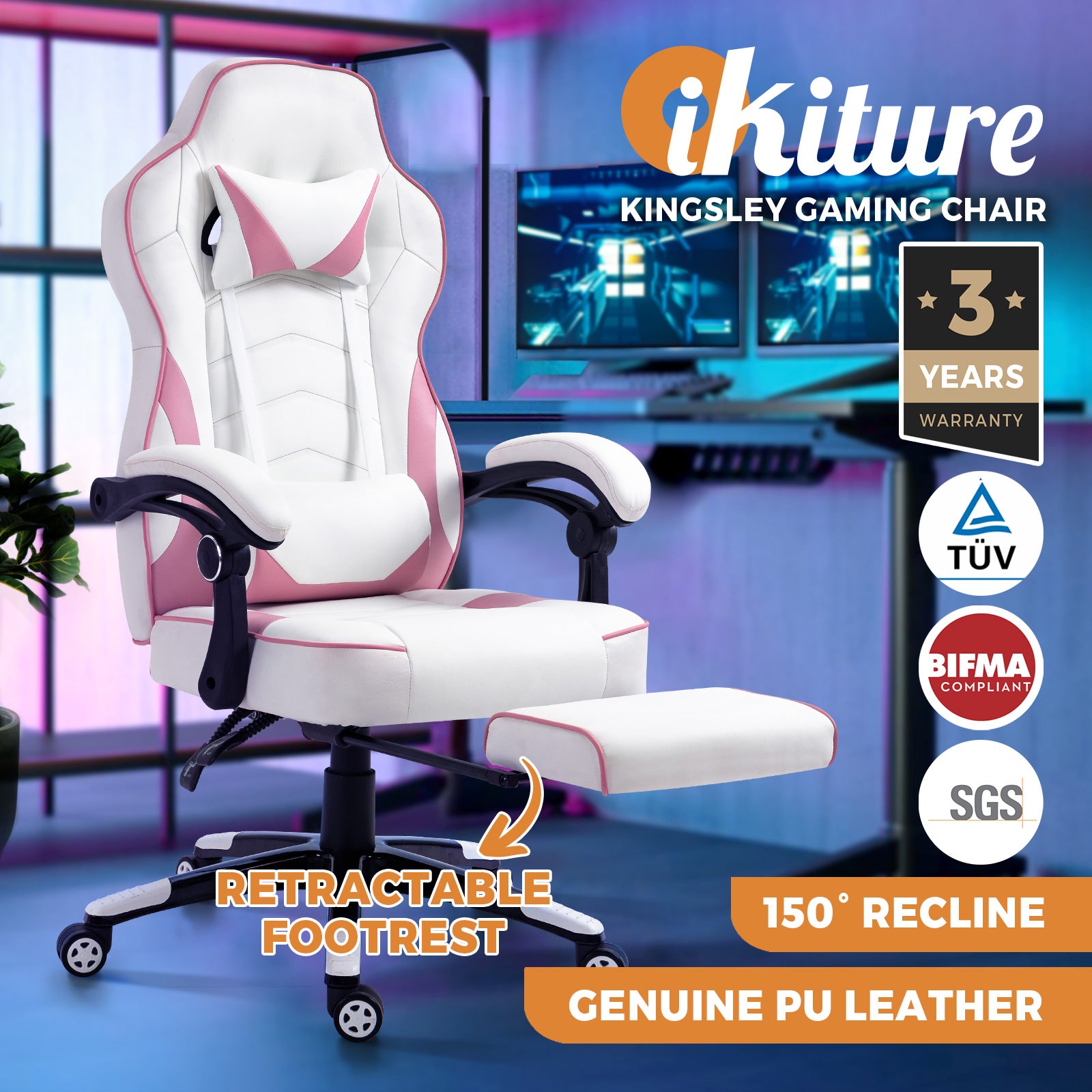 Oikiture Gaming Chair Office Chairs Executive Footrest Computer Seat PU Leather - Sunyee