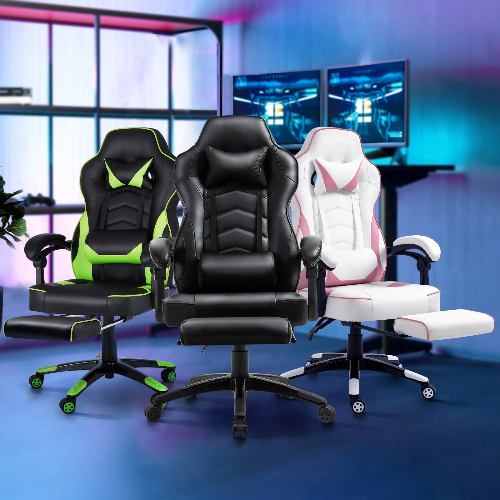 Oikiture Gaming Chair Office Chairs Executive Footrest Computer Seat PU Leather - Sunyee