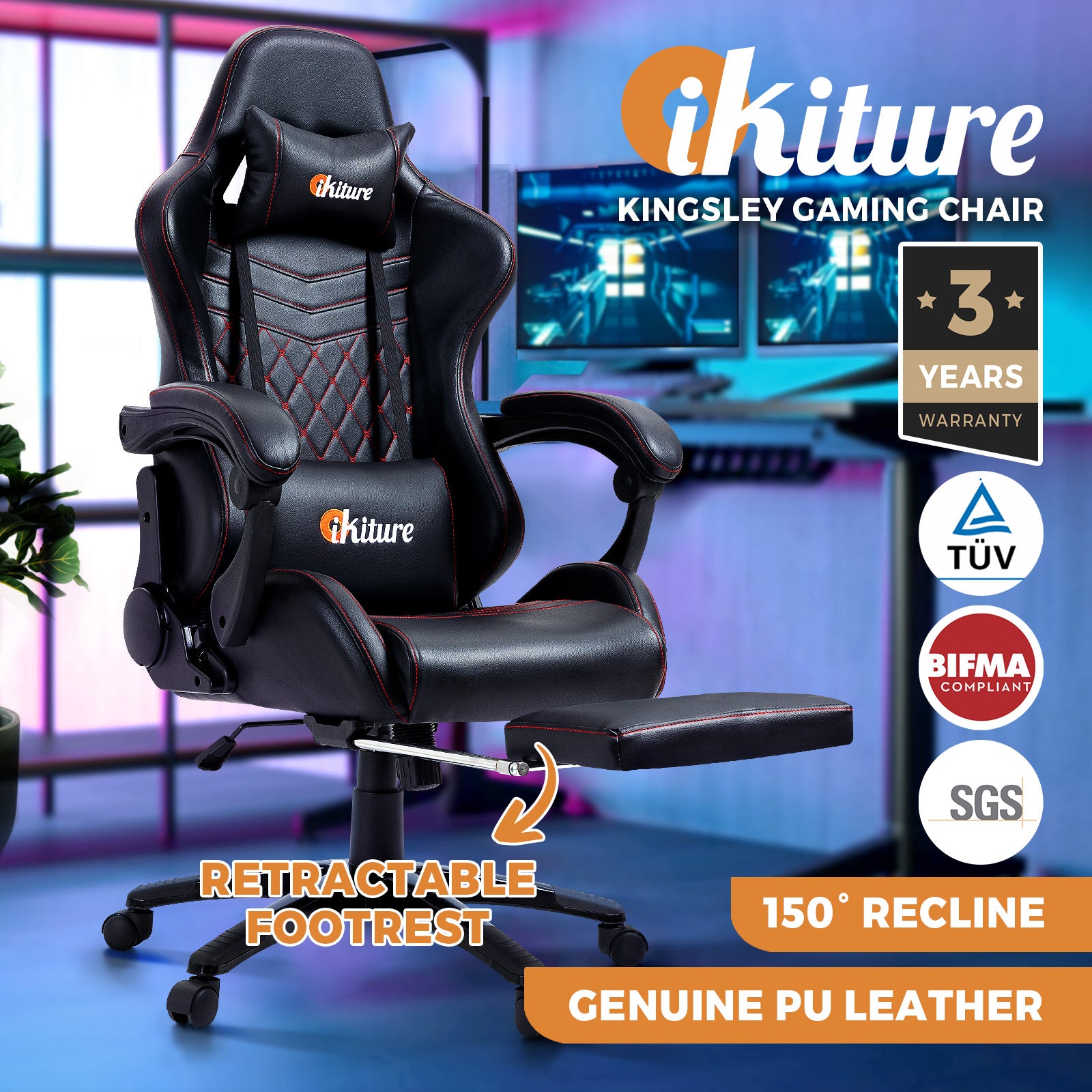 Oikiture Gaming Chair Office Chairs Computer Footrest Executive Seat PU Leather - Sunyee
