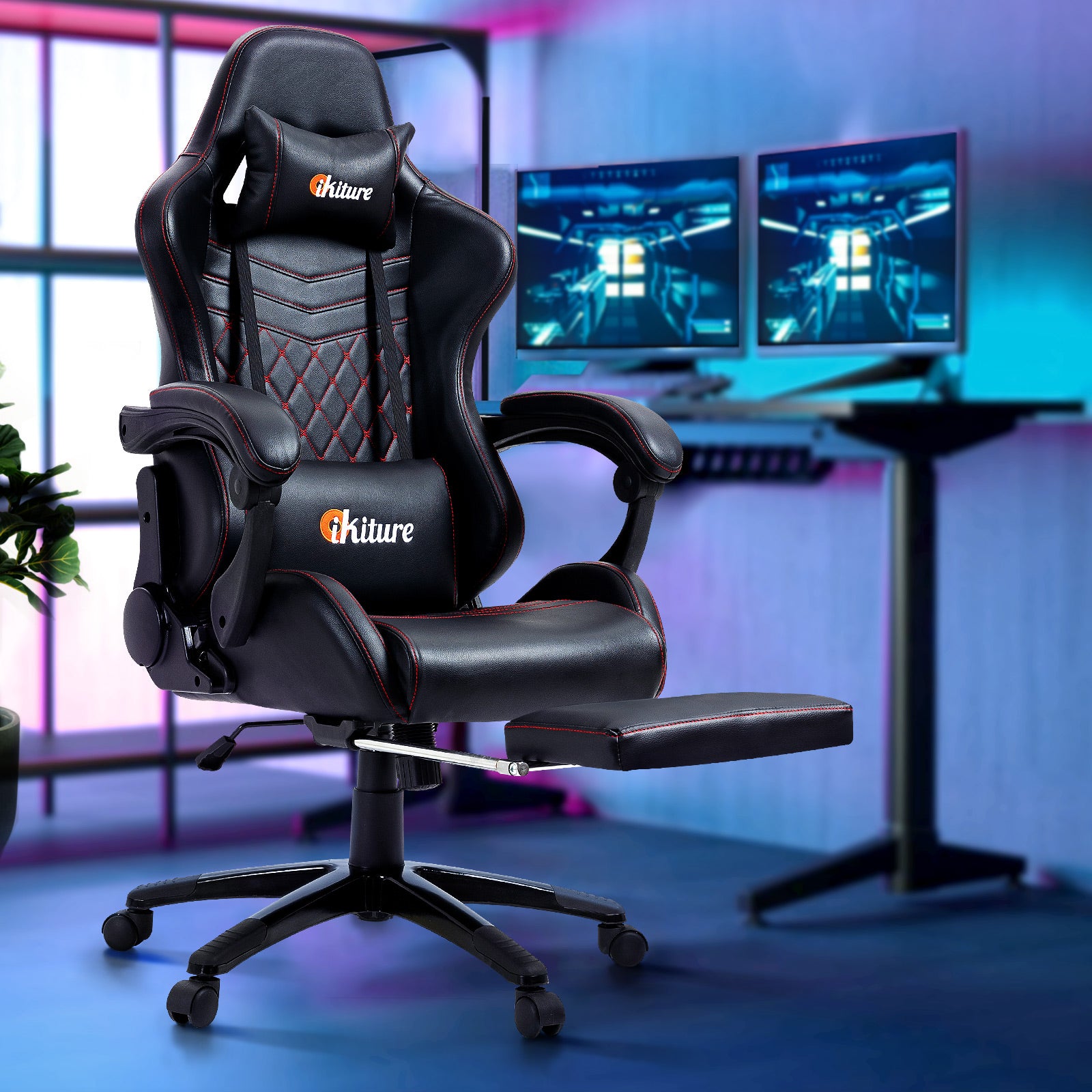 Oikiture Gaming Chair Office Executive Chairs Footrest Computer Seat PU Leather - Sunyee