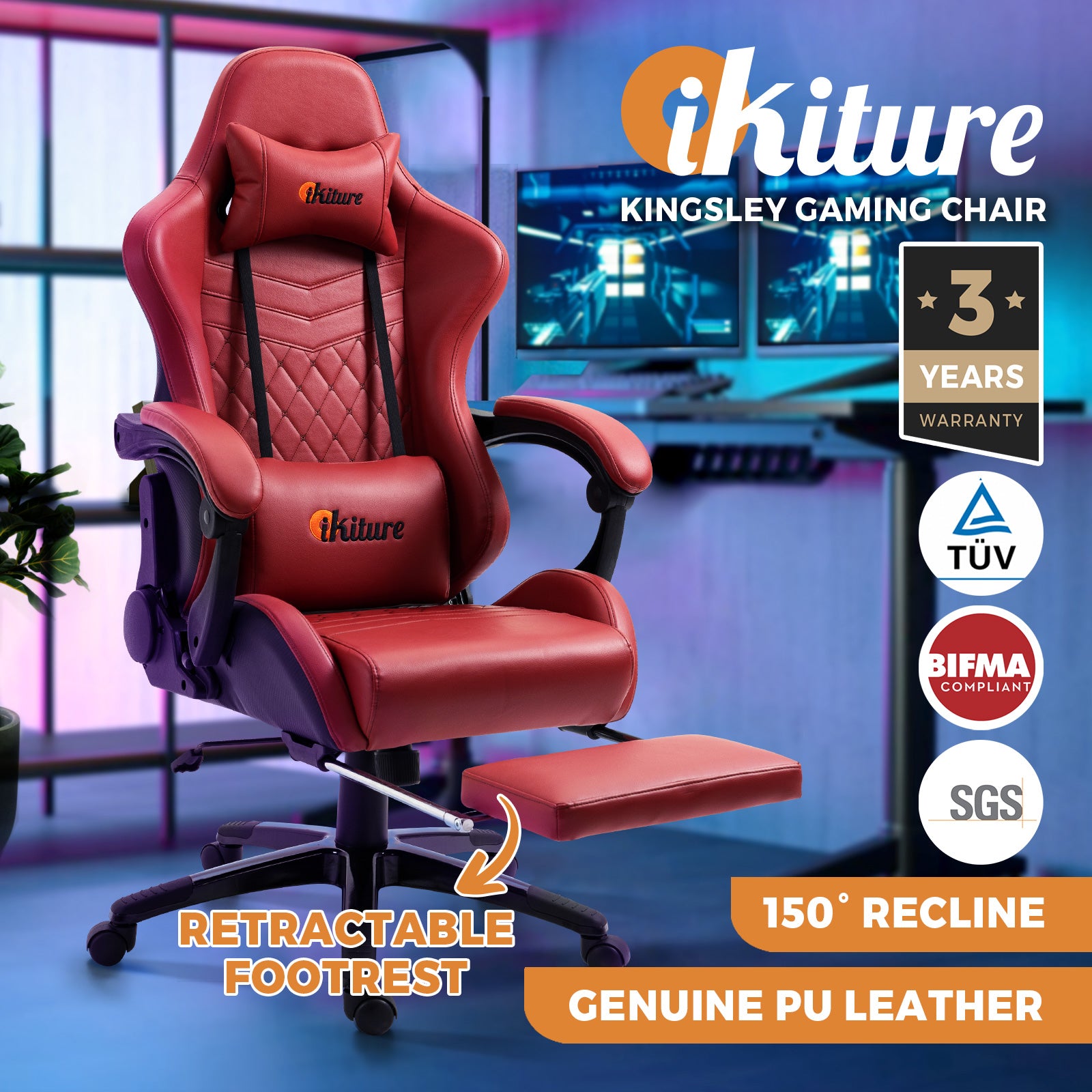 Oikiture Gaming Chair Office Chairs Computer Footrest Executive Seat PU Leather - Sunyee