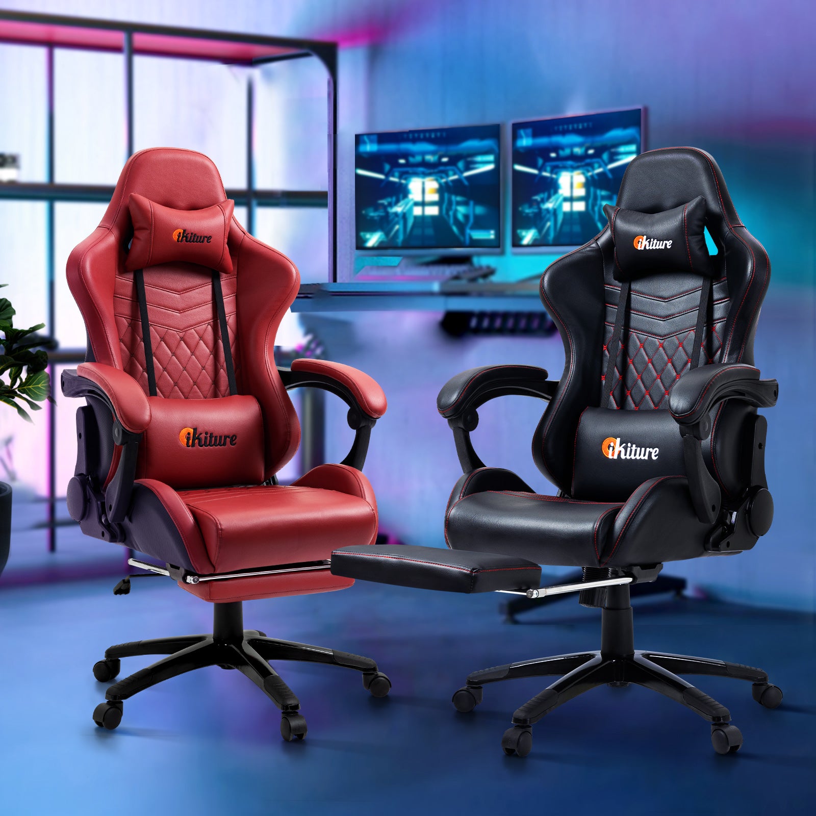 Oikiture Gaming Chair Office Executive Chairs Footrest Computer Seat PU Leather - Sunyee
