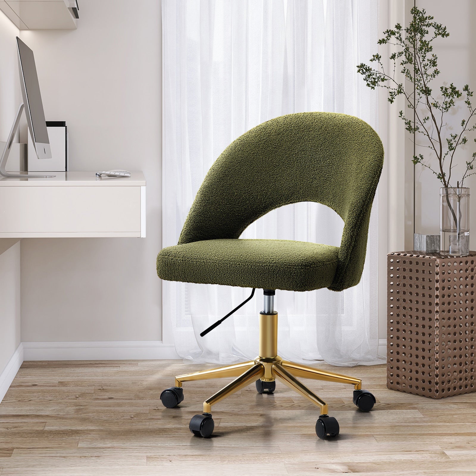 Oikiture High Back Hollow Armless Home Office Chair Boucle Green&Gold - Sunyee