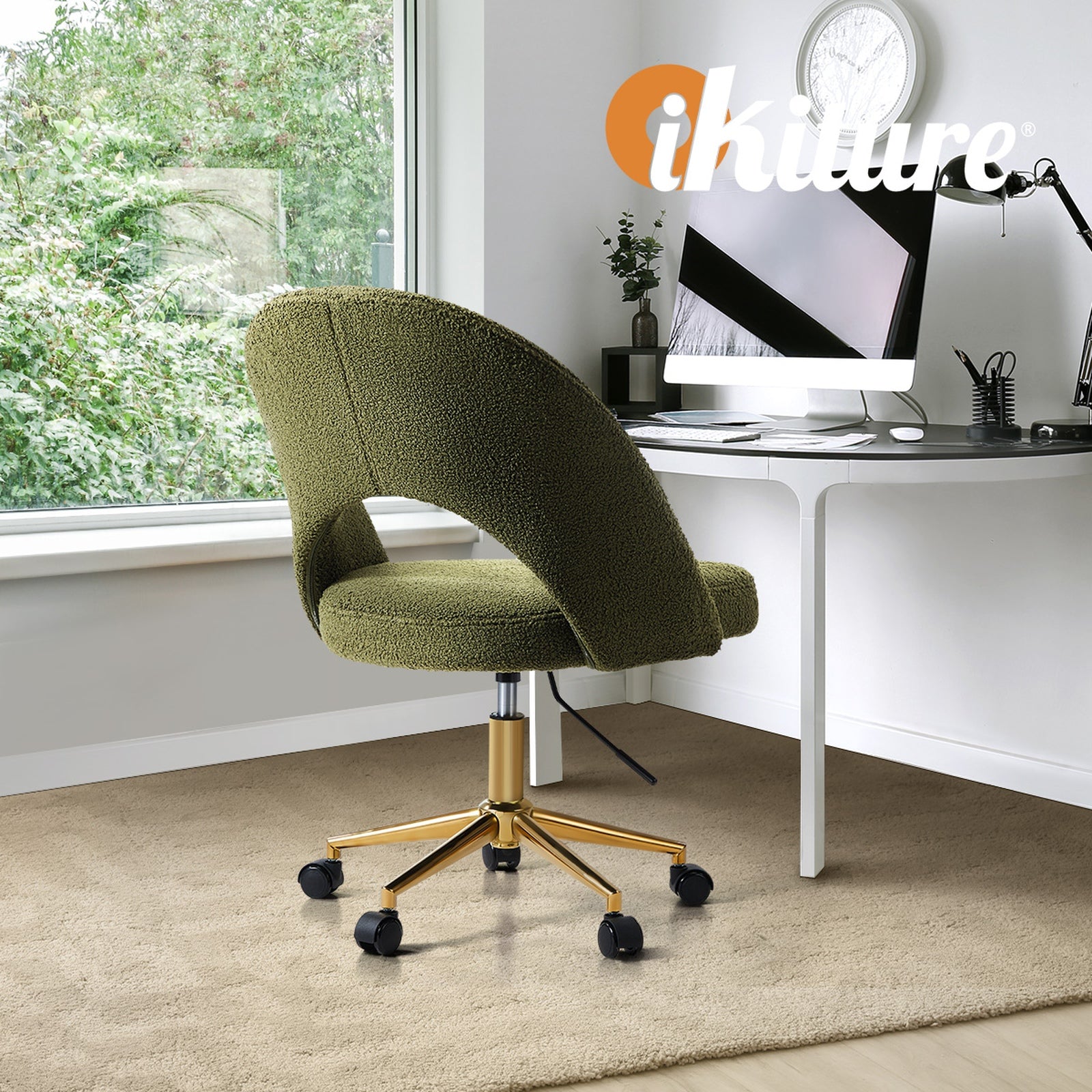 Oikiture High Back Hollow Armless Home Office Chair Boucle Green&Gold - Sunyee