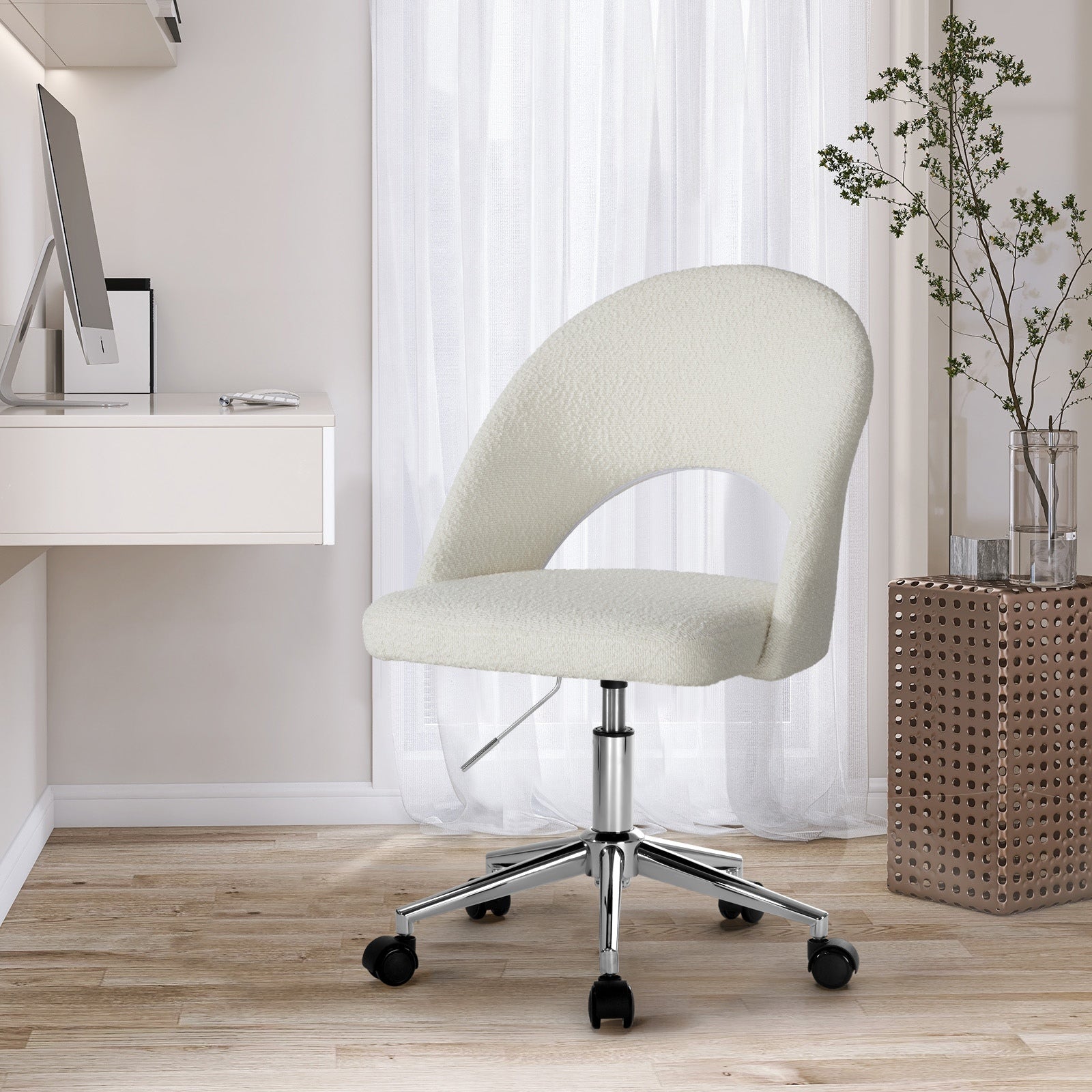 Oikiture High Back Hollow Armless Home Office Chair Boucle White&Silver - Sunyee