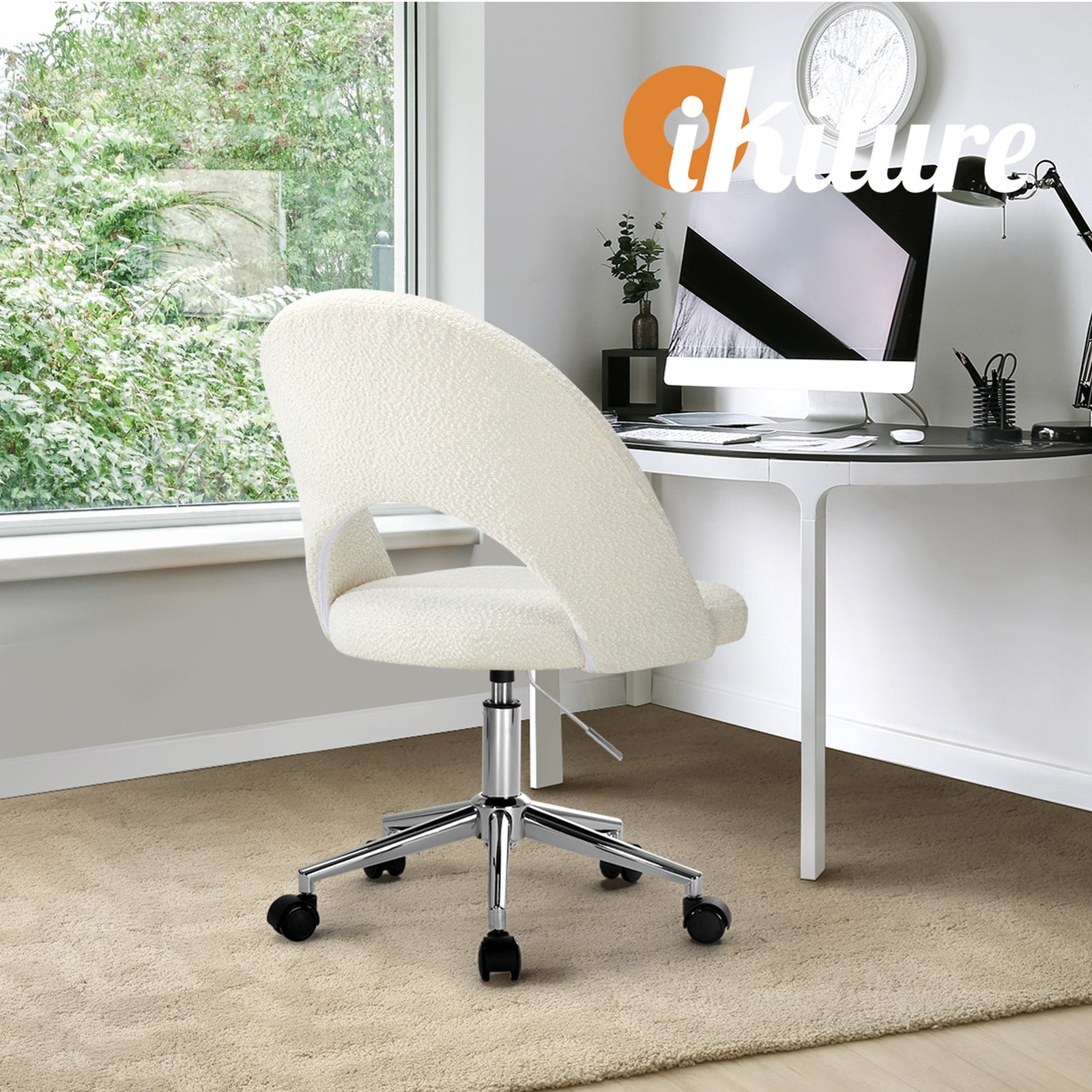 Oikiture High Back Hollow Armless Home Office Chair Boucle White&Silver - Sunyee