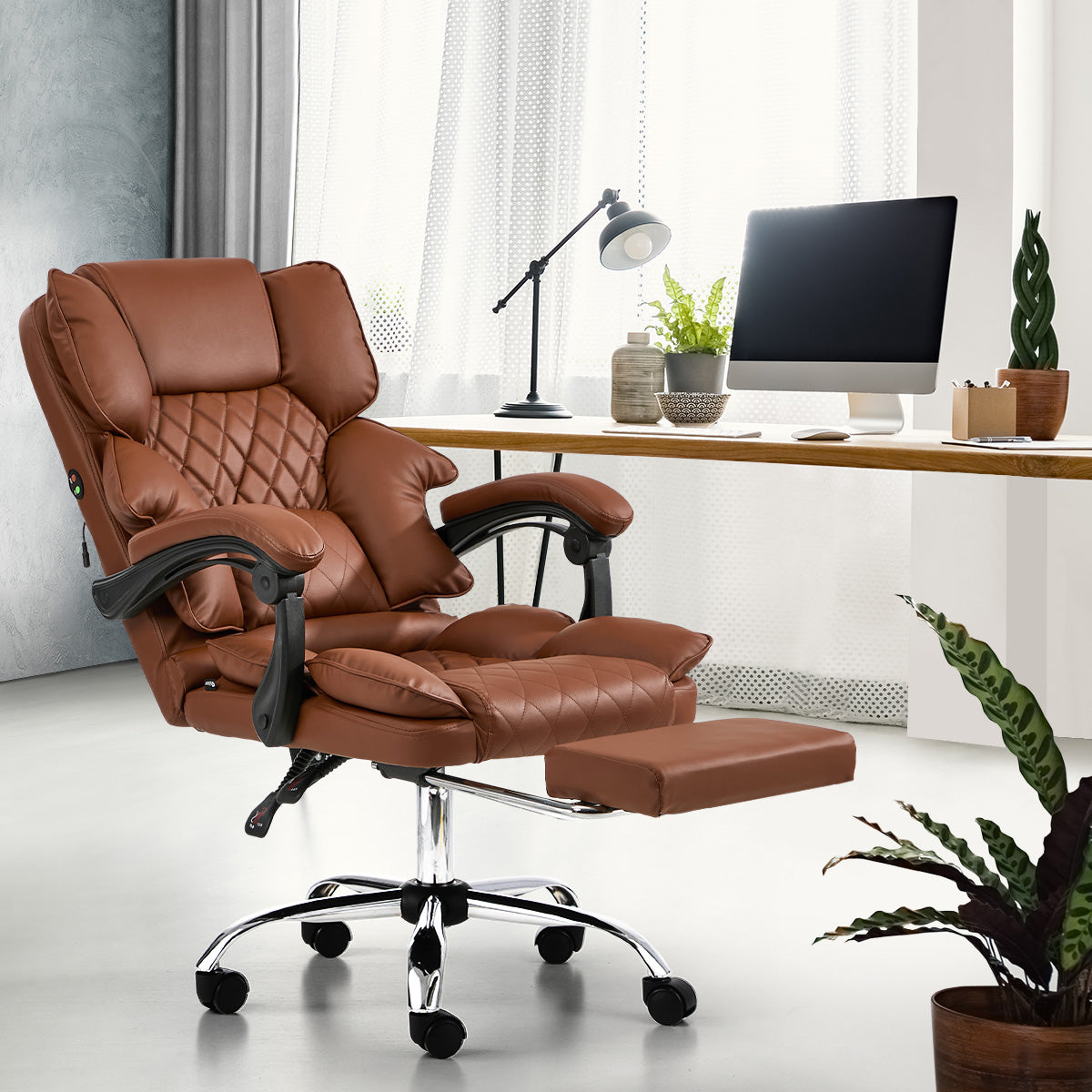Oikiture Massage Office Chair PU Leather Adjustable Computer Gaming Dark Brown