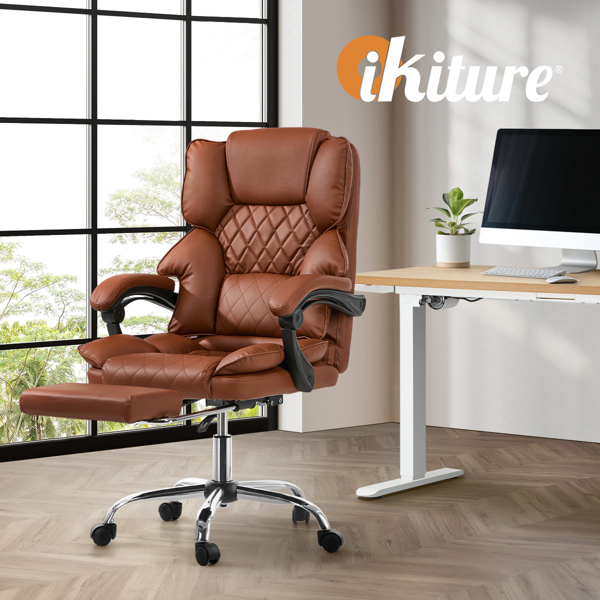 Oikiture Massage Office Chair PU Leather Adjustable Computer Gaming Dark Brown