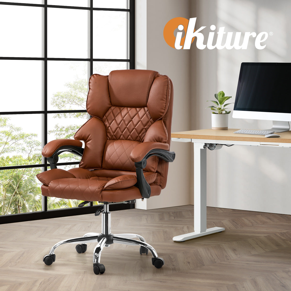 Oikiture Massage Office Chair Recliner Racing Computer Chairs PU Dark Brown