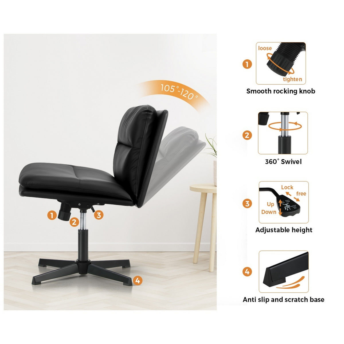 Oikiture Mid Back Armless Office Desk Chair Wide Seat No Wheels Leather Black